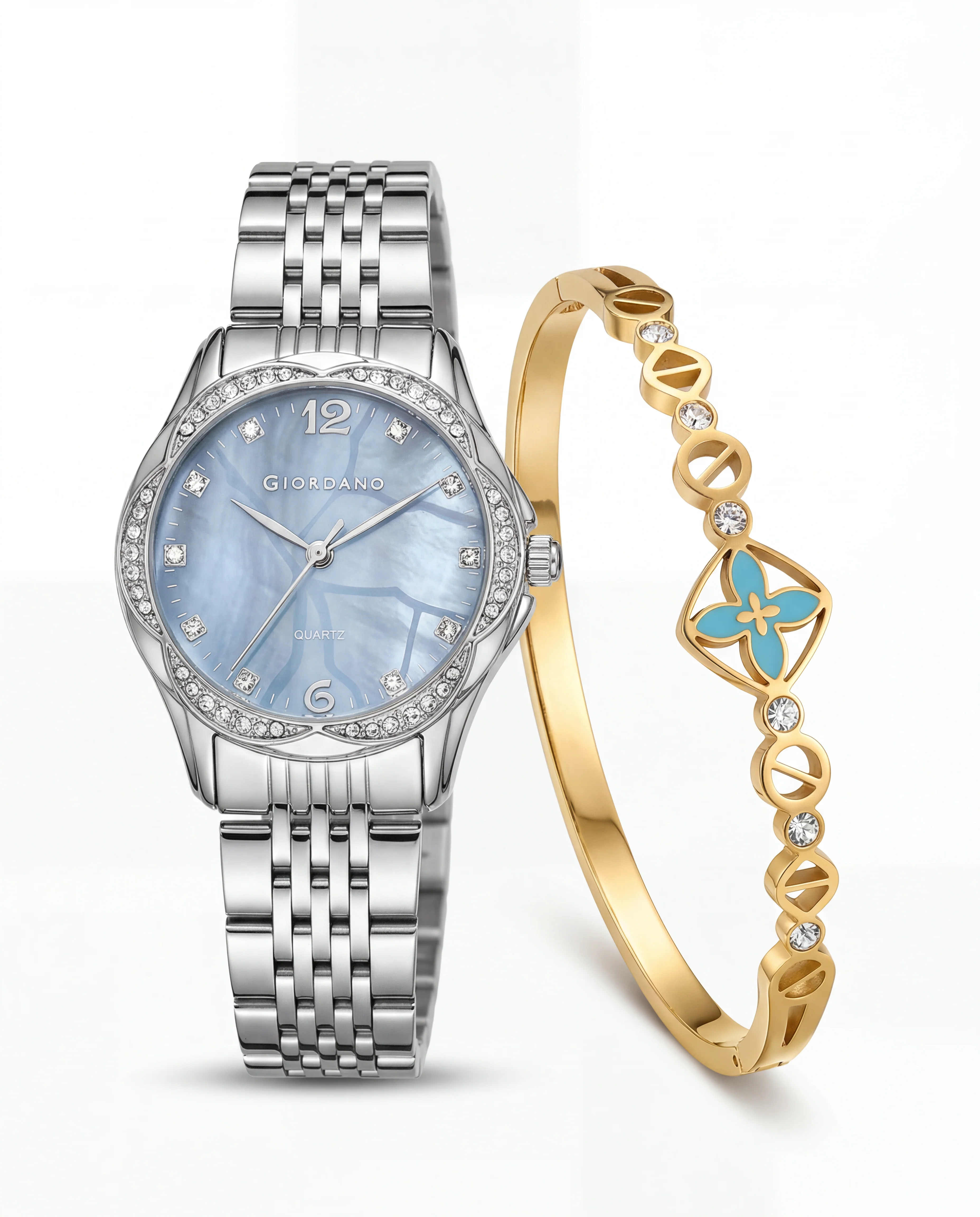 Giordano Analog Quartz Watch for Women with Textured Round Brown Dial, Flower shape case, Blue Crown, Crystal studded hour markers and bezel, Silver Stainless Steel Strap - GZ-60157-22 - Image 5