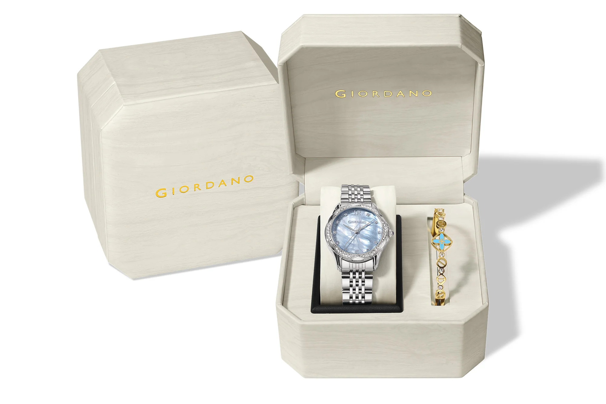 Giordano Analog Quartz Watch for Women with Textured Round Brown Dial, Flower shape case, Blue Crown, Crystal studded hour markers and bezel, Silver Stainless Steel Strap - GZ-60157-22 - Image 6