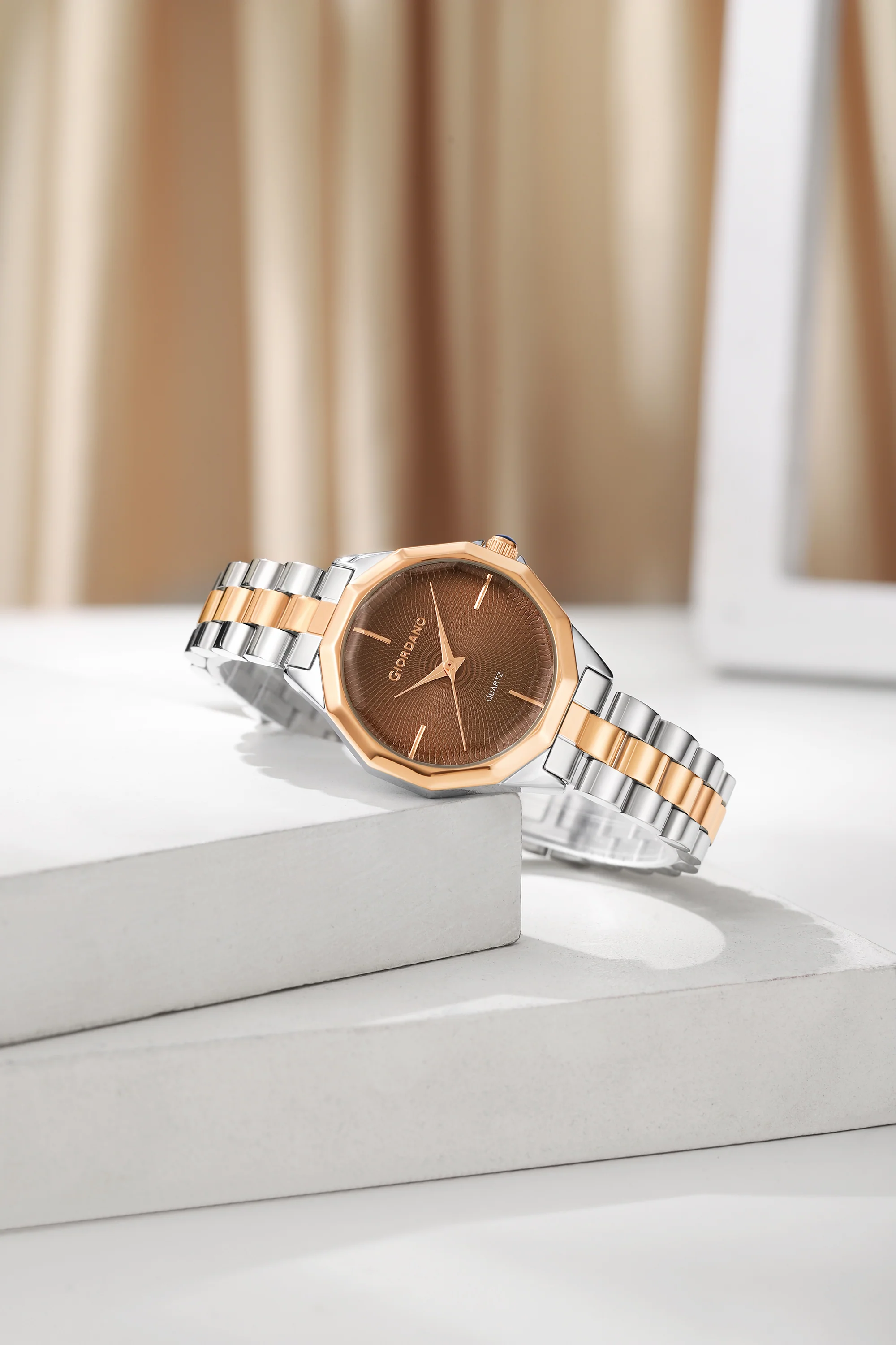 Giordano Analog Quartz Watch for Women with Textured Round Brown Dial, Square Case, Blue Crown, Silver and Rose Gold Stainless Steel Strap - GZ-60158-11 - Image 3