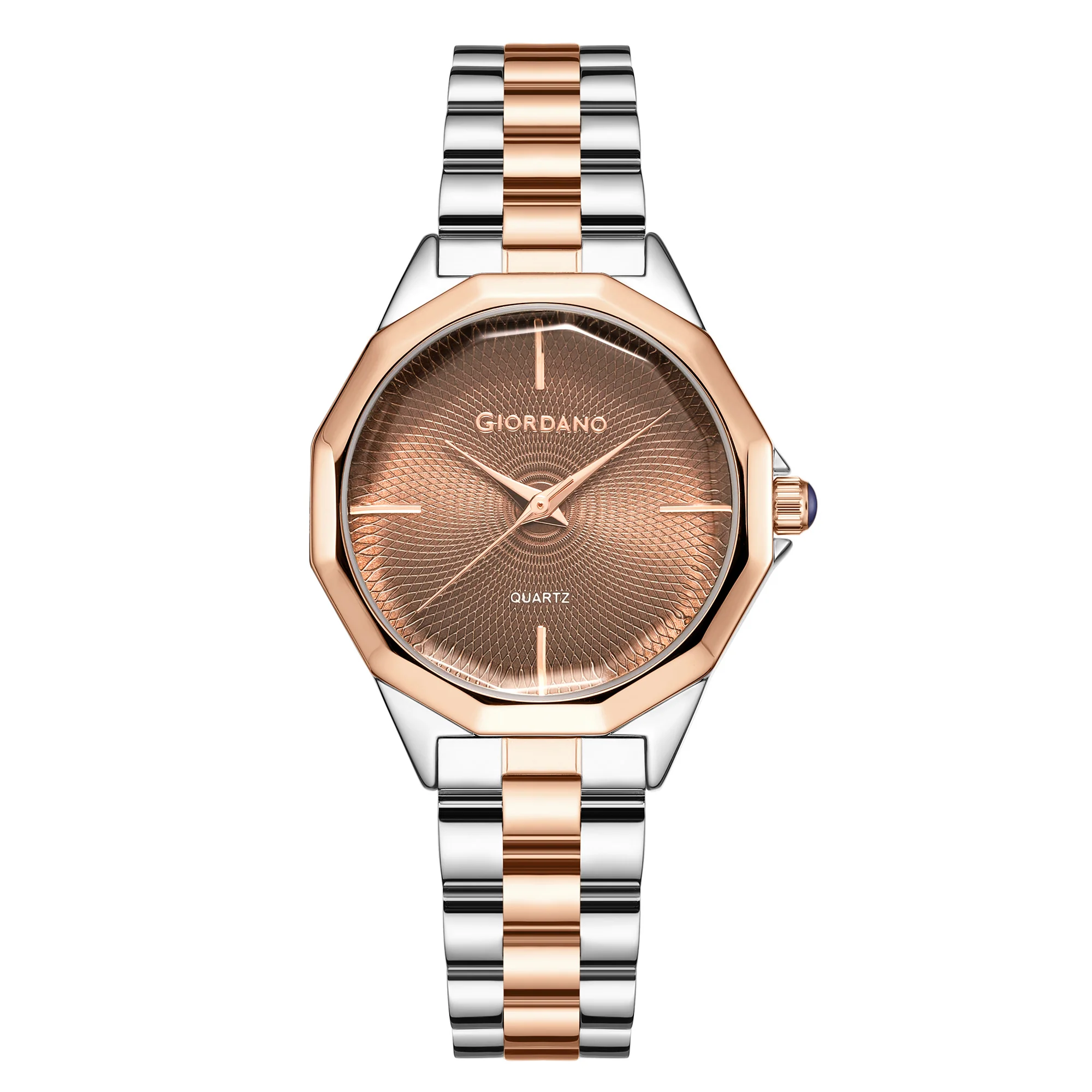 Giordano Analog Quartz Watch for Women with Textured Round Brown Dial, Square Case, Blue Crown, Silver and Rose Gold Stainless Steel Strap - GZ-60158-11 - Image 5