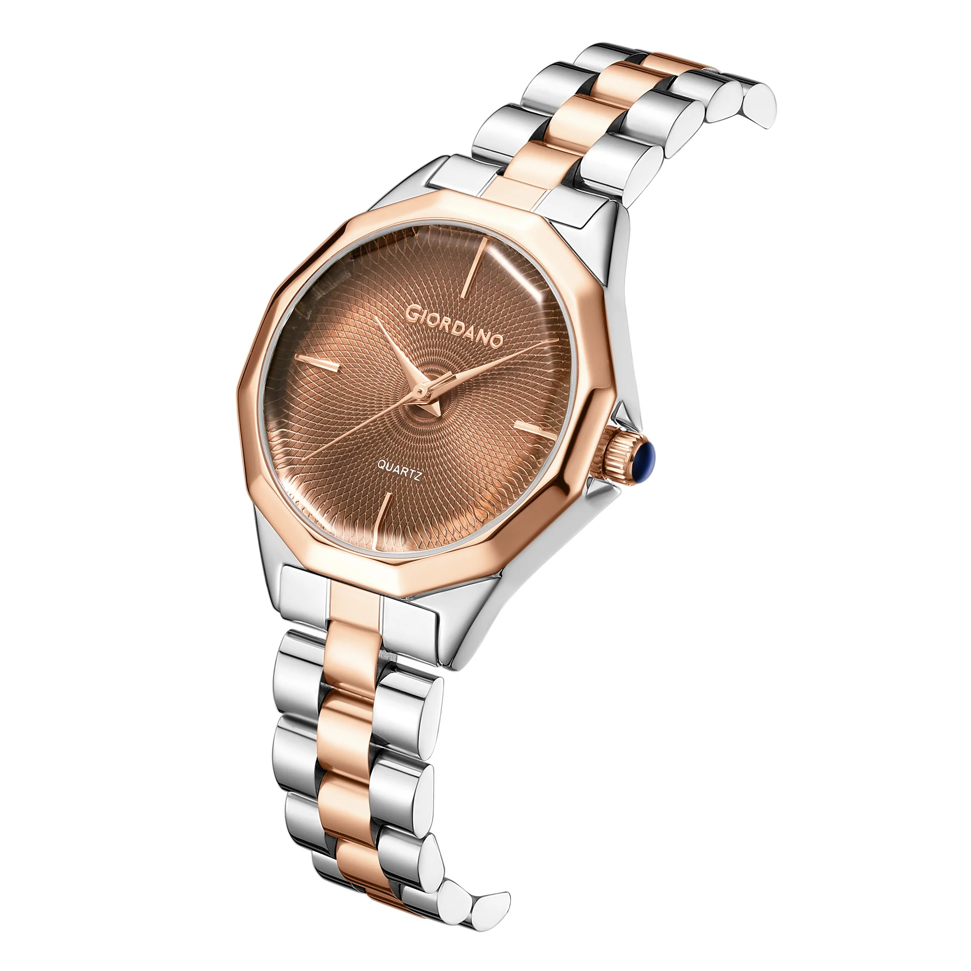 Giordano Analog Quartz Watch for Women with Textured Round Brown Dial, Square Case, Blue Crown, Silver and Rose Gold Stainless Steel Strap - GZ-60158-11 - Image 6
