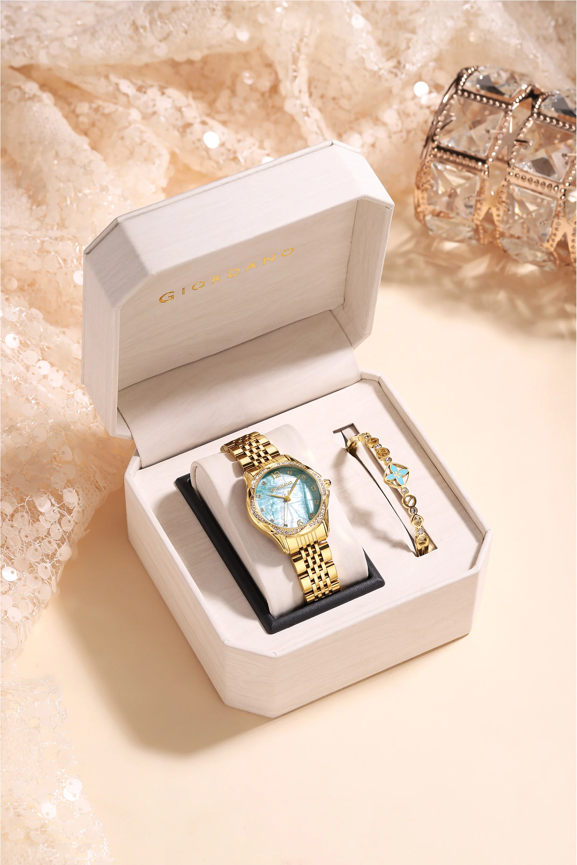 Giordano Analog Quartz Watch for Women with Textured Round Green Dial, Flower shape case, Blue Crown, Crystal studded hour markers and bezel, Gold Stainless Steel Strap - GZ-60157-33 - Image 3