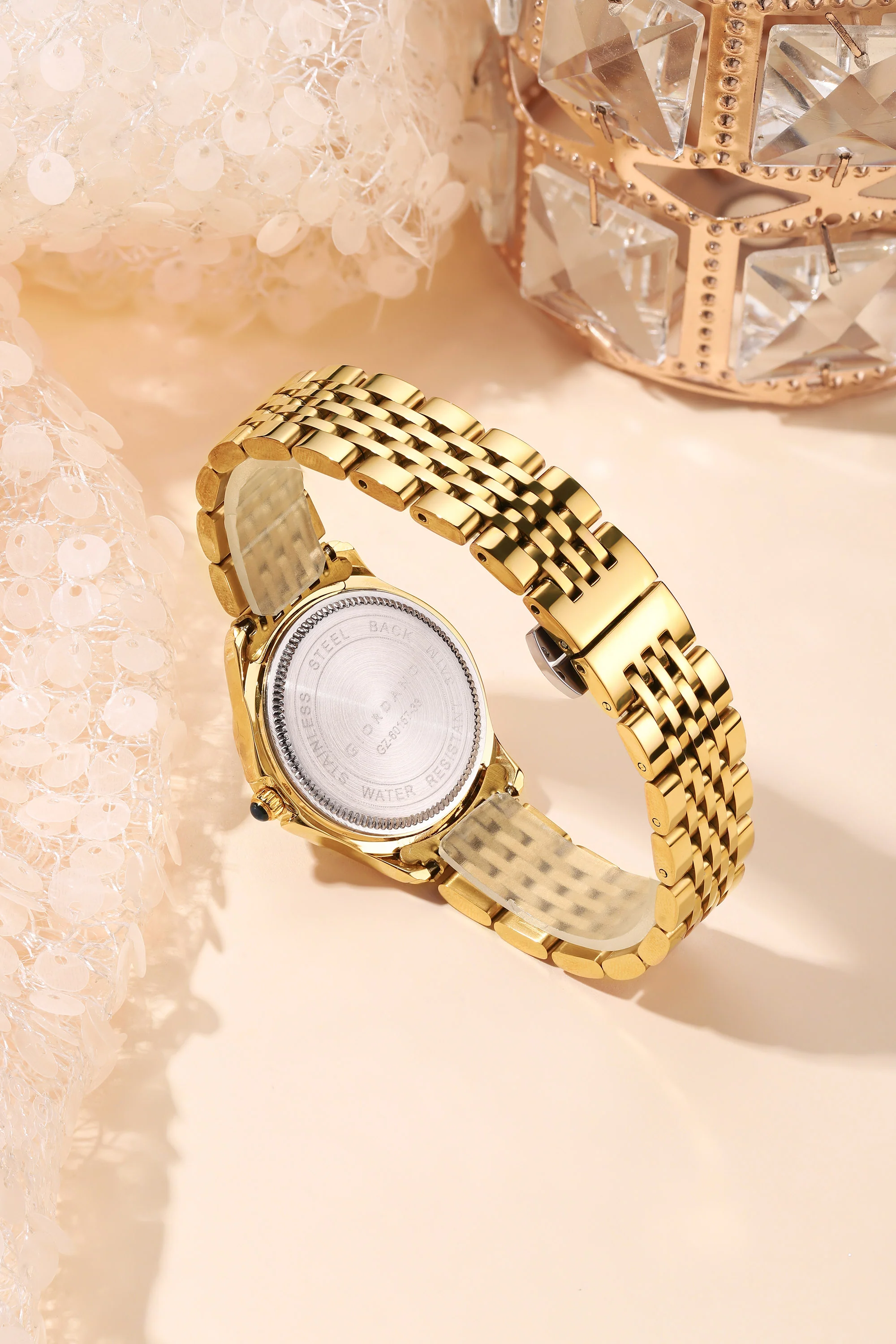 Giordano Analog Quartz Watch for Women with Textured Round Green Dial, Flower shape case, Blue Crown, Crystal studded hour markers and bezel, Gold Stainless Steel Strap - GZ-60157-33 - Image 4