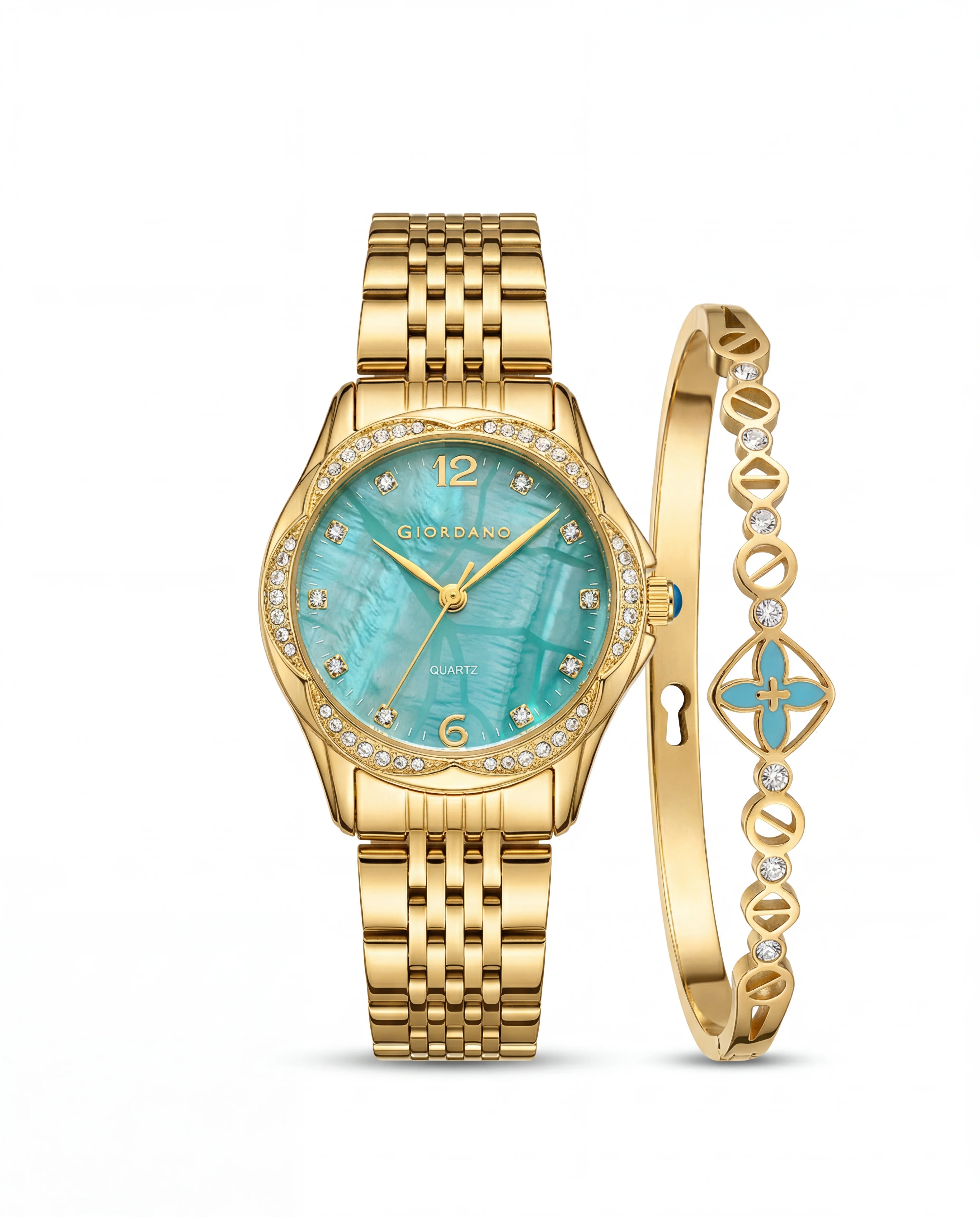 Giordano Analog Quartz Watch for Women with Textured Round Green Dial, Flower shape case, Blue Crown, Crystal studded hour markers and bezel, Gold Stainless Steel Strap - GZ-60157-33 - Image 5