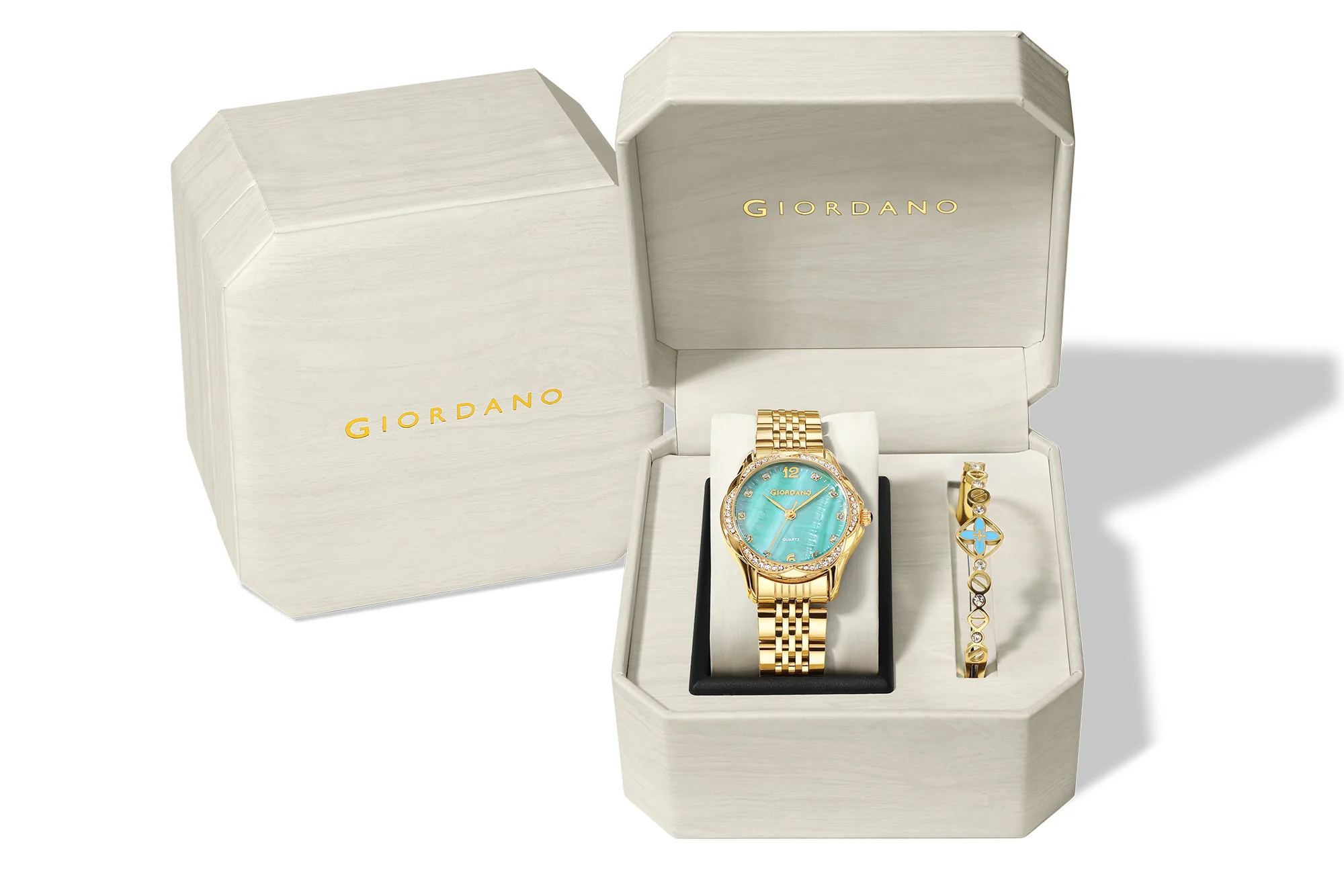 Giordano Analog Quartz Watch for Women with Textured Round Green Dial, Flower shape case, Blue Crown, Crystal studded hour markers and bezel, Gold Stainless Steel Strap - GZ-60157-33 - Image 6