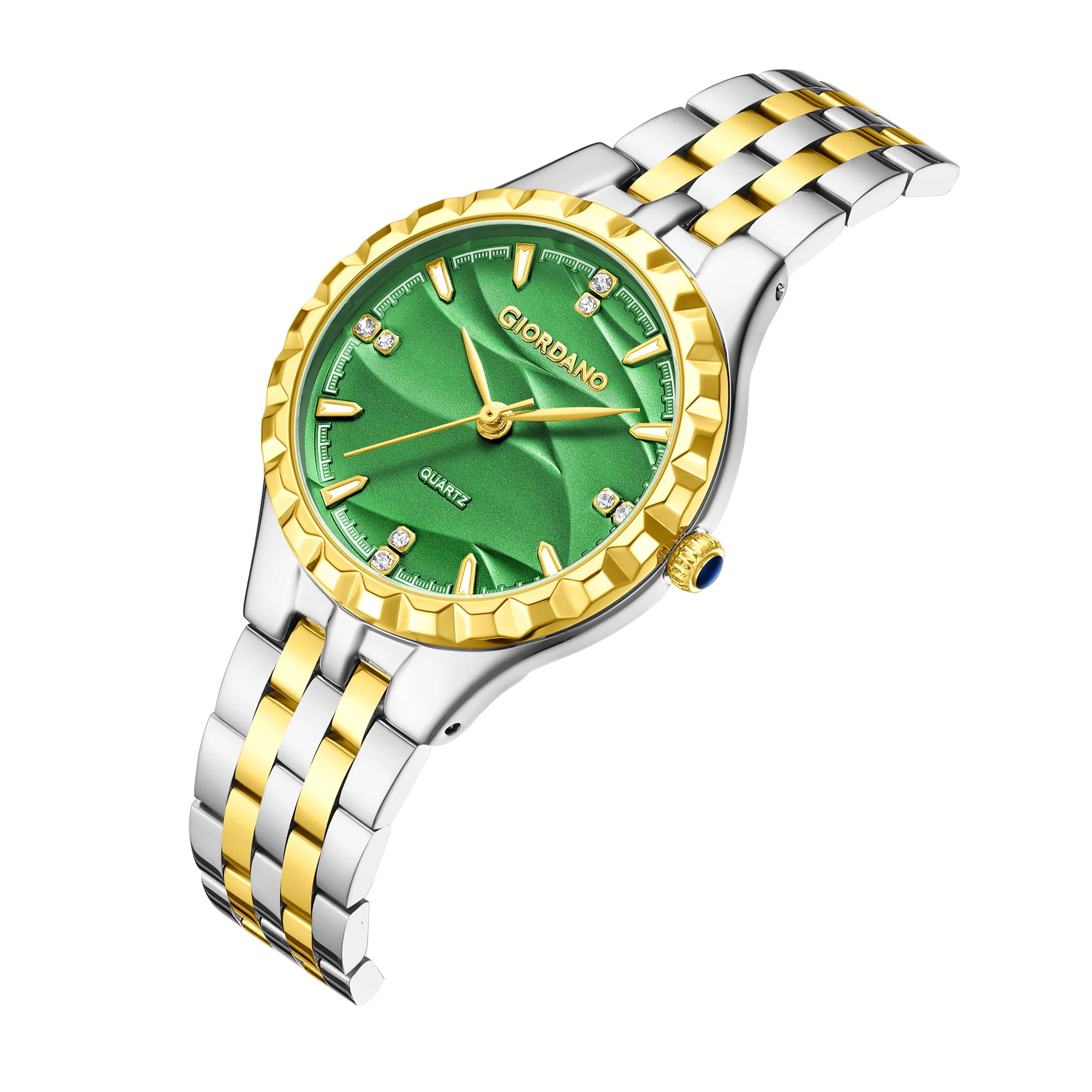 Giordano Analog Quartz Watch for Women with Textured Round Green Dial, Luminous Hands and Markers, Silver and Gold Stainless Steel Strap - GZ-60164-33 - Image 6