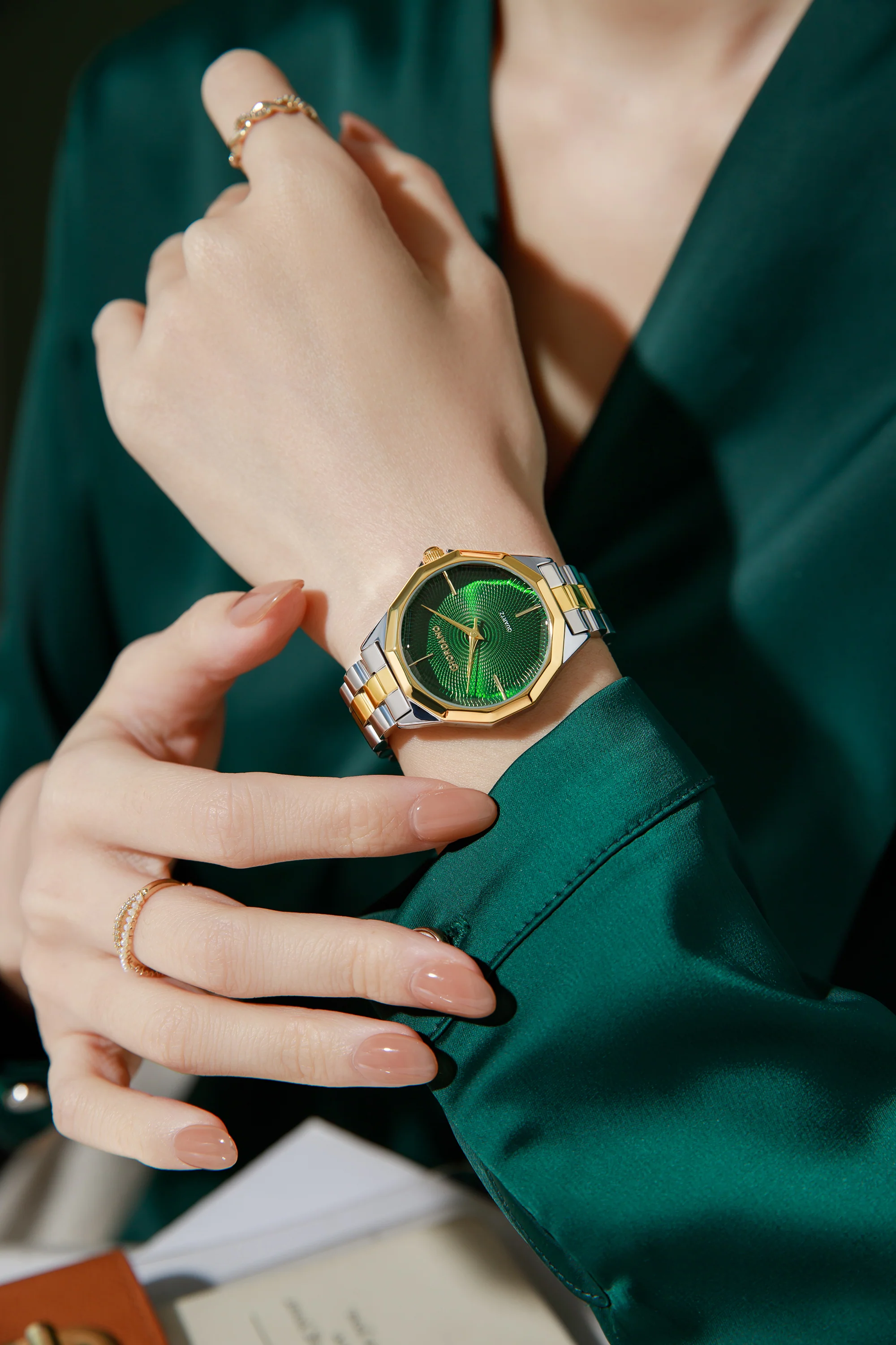 Giordano Analog Quartz Watch for Women with Textured Round Green Dial, Square Case, Blue Crown, Silver and Gold Stainless Steel Strap - GZ-60158-33 - Image 2