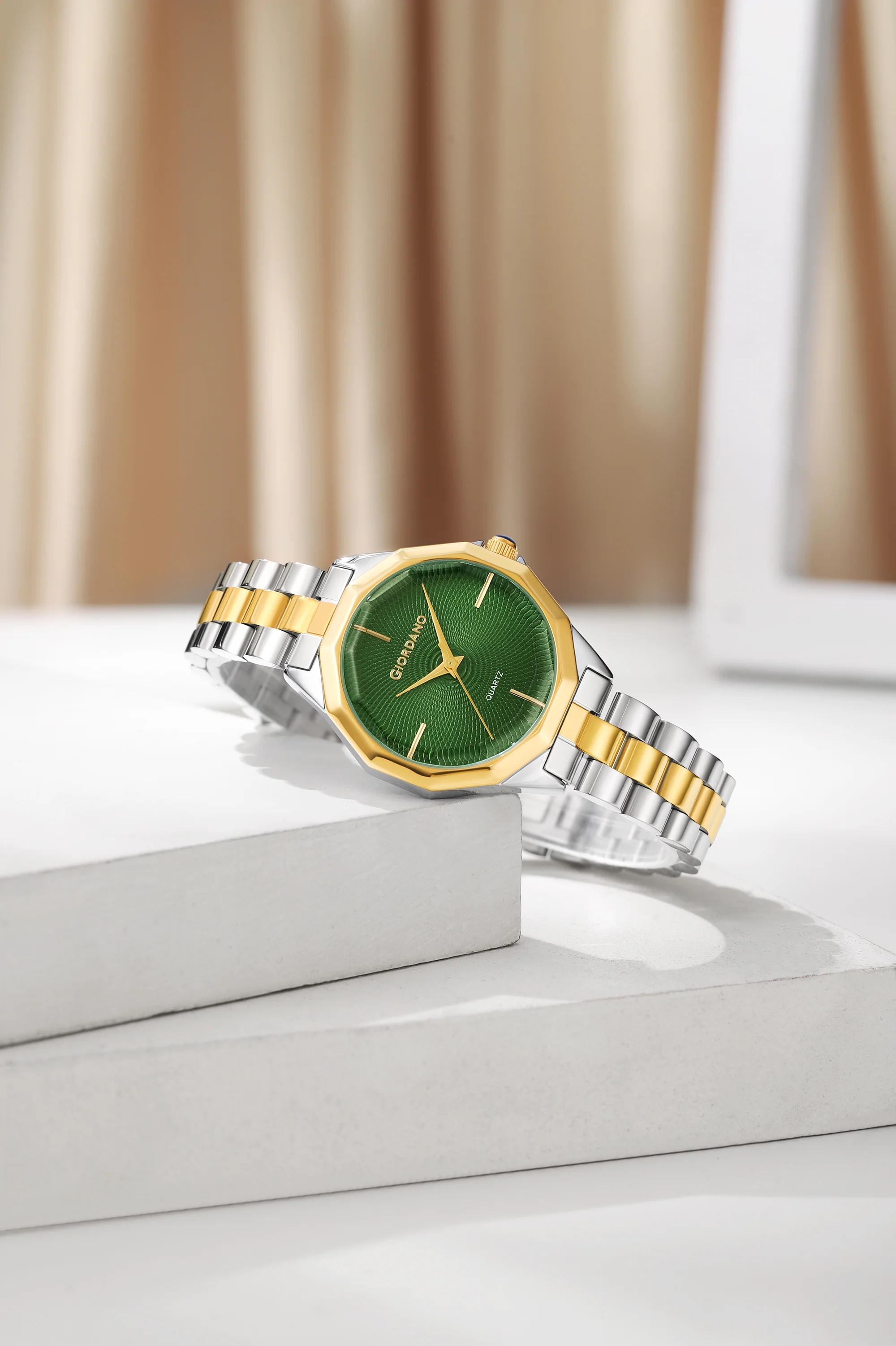 Giordano Analog Quartz Watch for Women with Textured Round Green Dial, Square Case, Blue Crown, Silver and Gold Stainless Steel Strap - GZ-60158-33 - Image 3