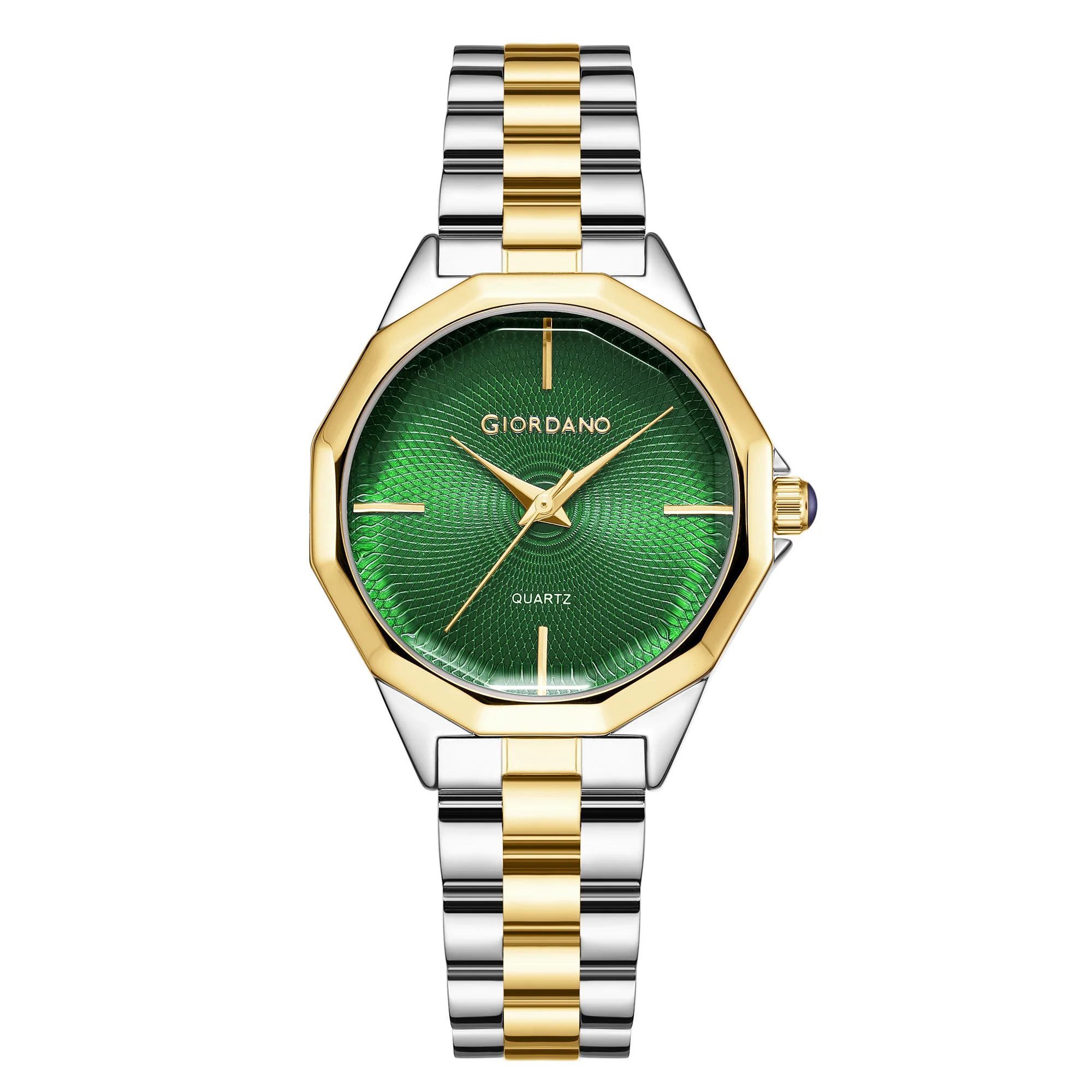 Giordano Analog Quartz Watch for Women with Textured Round Green Dial, Square Case, Blue Crown, Silver and Gold Stainless Steel Strap - GZ-60158-33 - Image 5