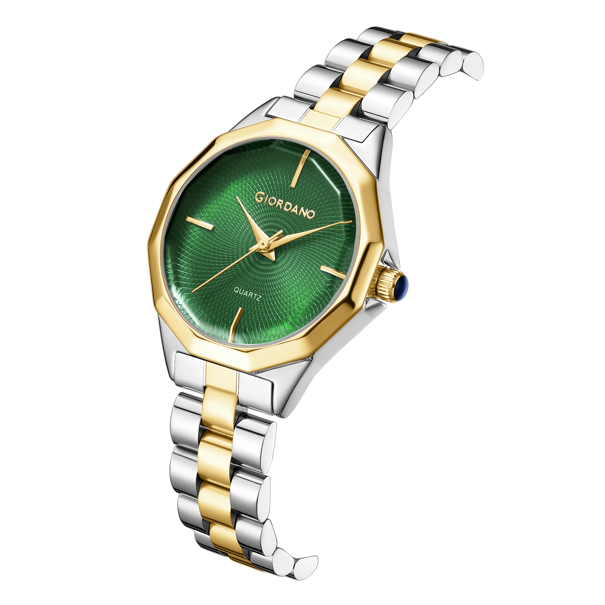 Giordano Analog Quartz Watch for Women with Textured Round Green Dial, Square Case, Blue Crown, Silver and Gold Stainless Steel Strap - GZ-60158-33 - Image 6