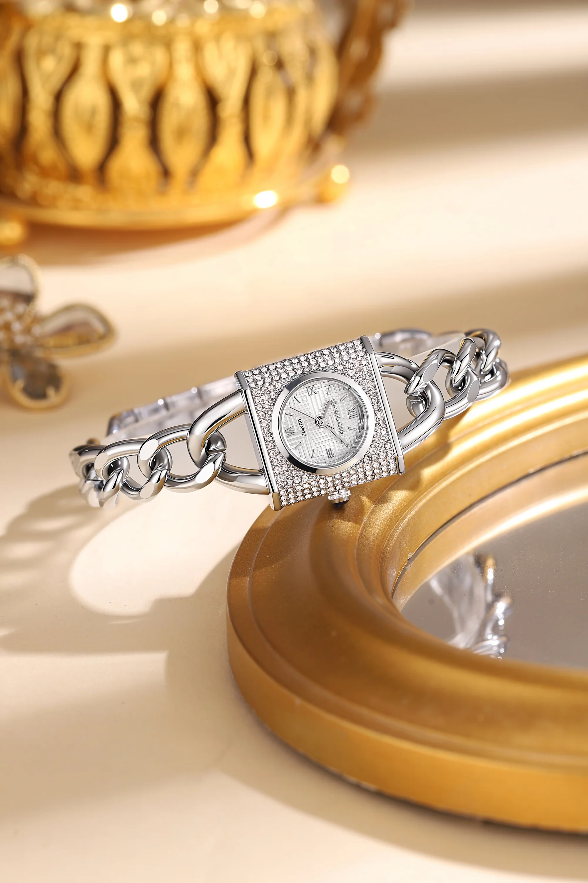 Giordano Analog Quartz Watch for Women with Textured Round White Dial, Crystal Studded Bezel, Blue Crown, Silver Stainless Steel Strap - GZ-60160-11 - Image 3