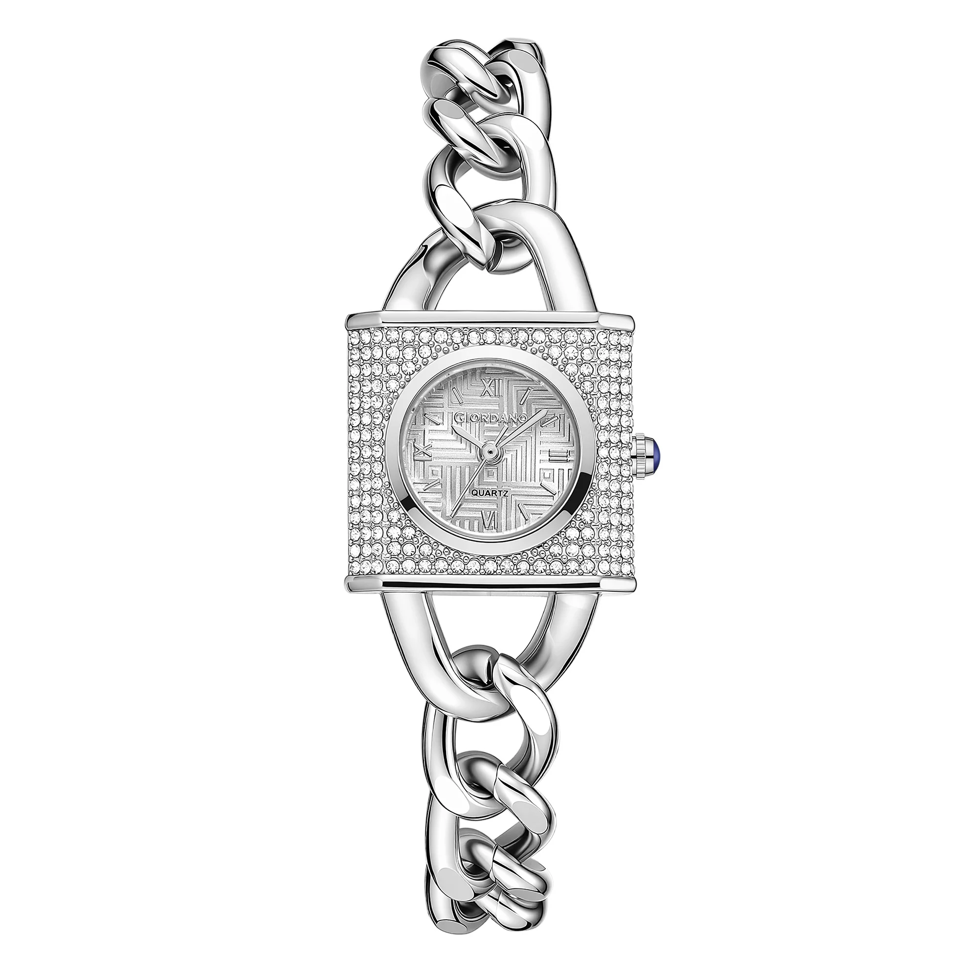 Giordano Analog Quartz Watch for Women with Textured Round White Dial, Crystal Studded Bezel, Blue Crown, Silver Stainless Steel Strap - GZ-60160-11 - Image 5