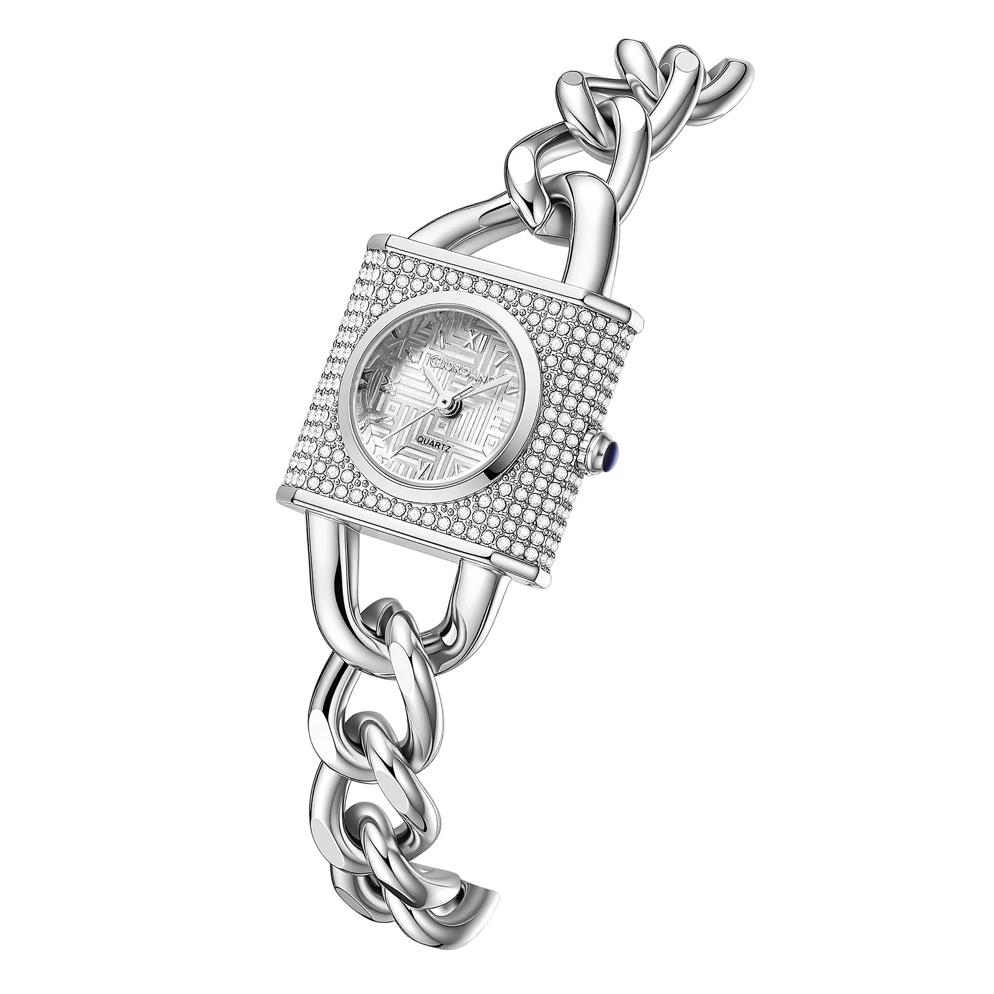 Giordano Analog Quartz Watch for Women with Textured Round White Dial, Crystal Studded Bezel, Blue Crown, Silver Stainless Steel Strap - GZ-60160-11 - Image 6