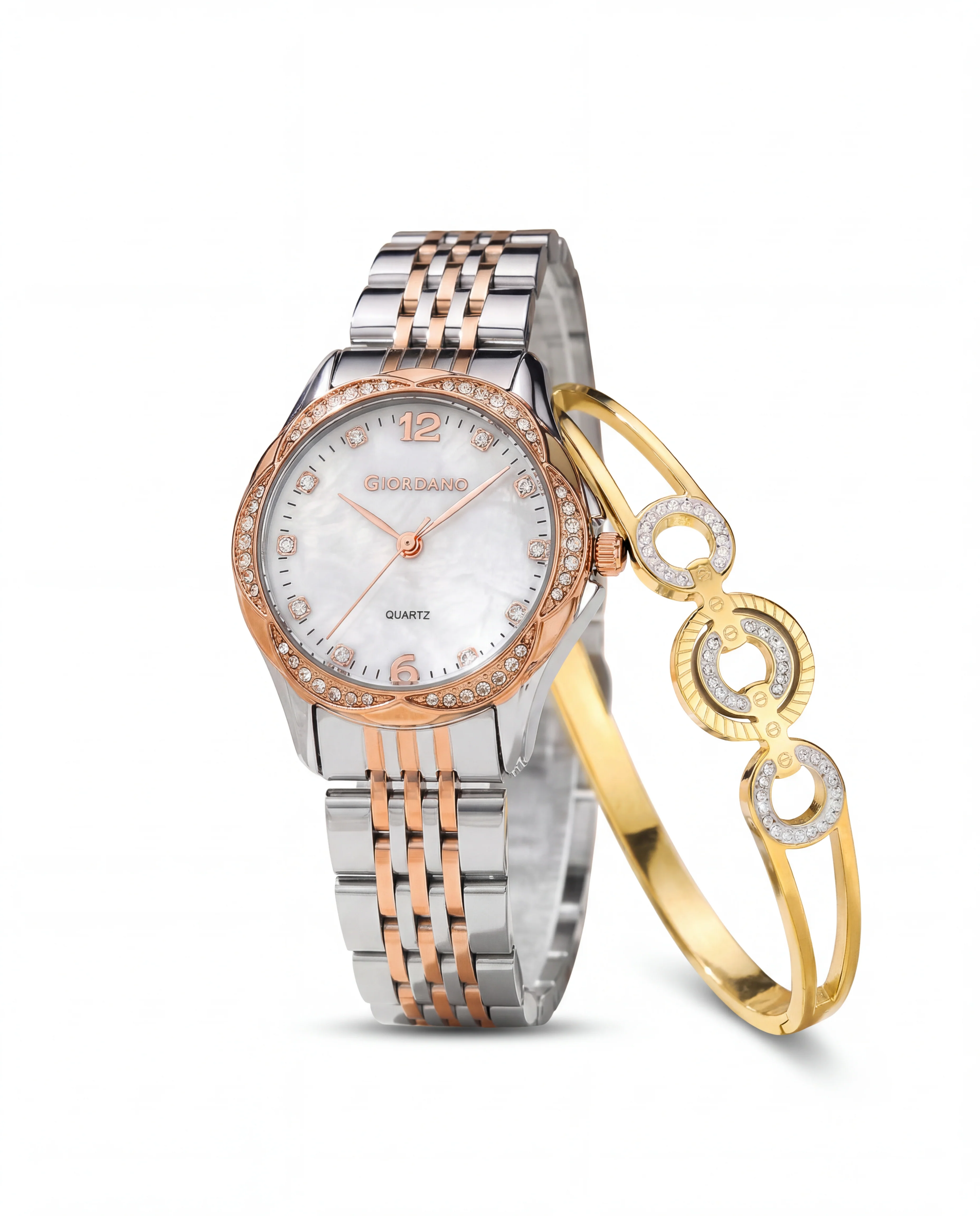 Giordano Analog Quartz Watch for Women with Textured Round White Dial, Flower shape case, Blue Crown, Crystal studded hour markers and bezel, Silver and Gold Stainless Steel Strap - GZ-60157-55 - Image 5