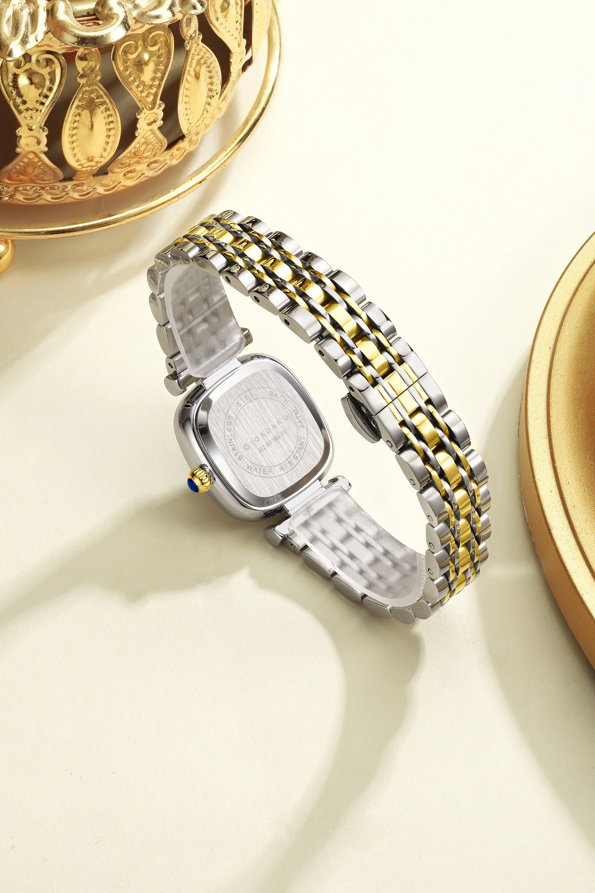Giordano Analog Quartz Watch for Women with Textured Square Black Dial, Crystal Studded Bezel, Blue Crown, Silver and Gold Stainless Steel Strap - GZ-60165-22 - Image 4