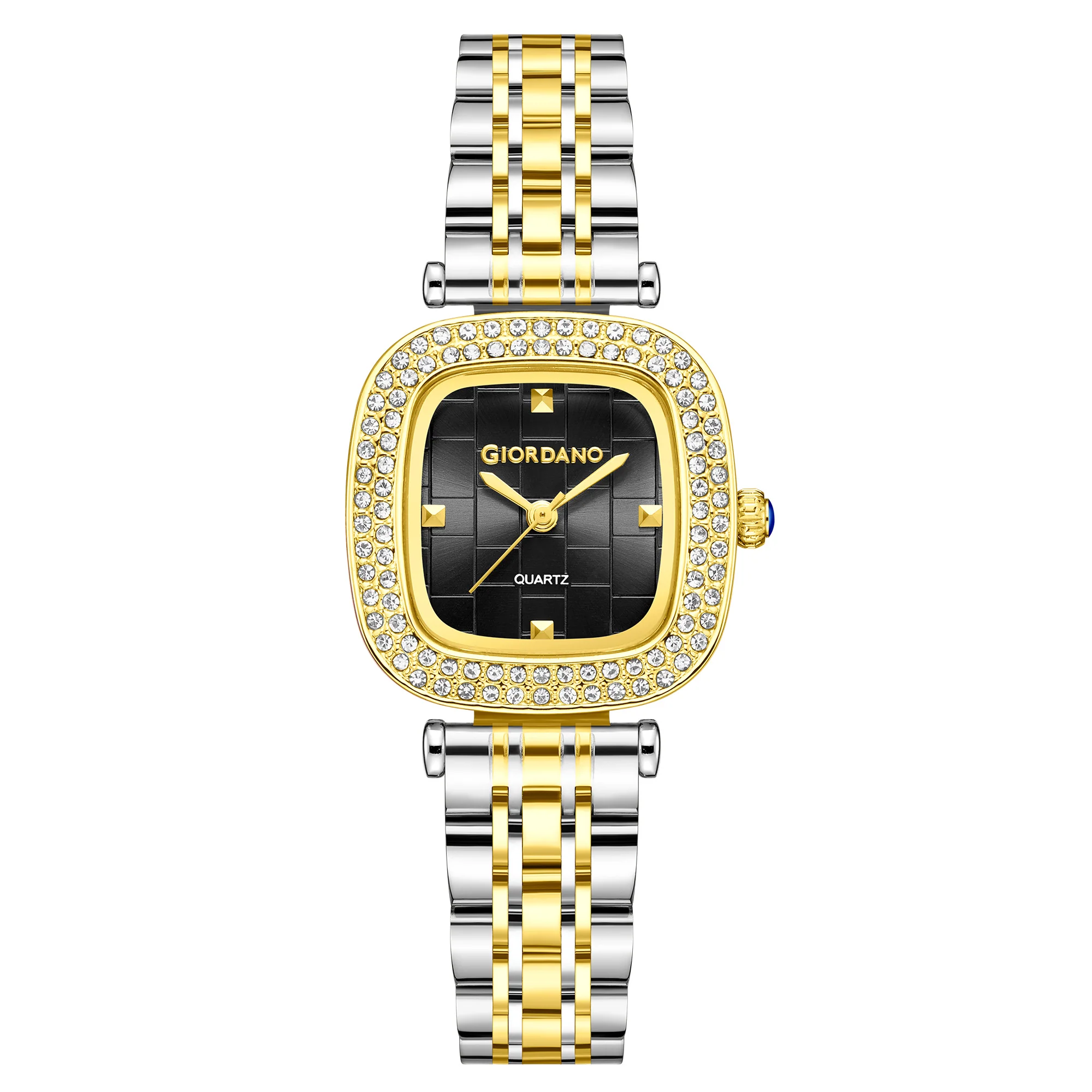 Giordano Analog Quartz Watch for Women with Textured Square Black Dial, Crystal Studded Bezel, Blue Crown, Silver and Gold Stainless Steel Strap - GZ-60165-22 - Image 5