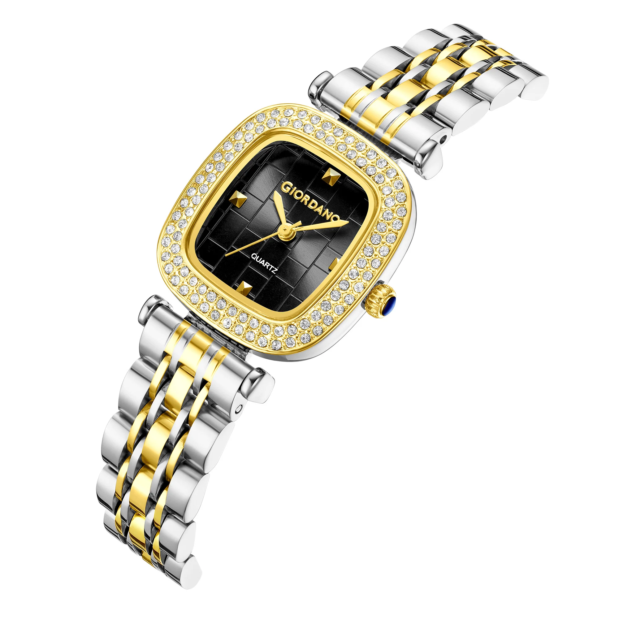 Giordano Analog Quartz Watch for Women with Textured Square Black Dial, Crystal Studded Bezel, Blue Crown, Silver and Gold Stainless Steel Strap - GZ-60165-22 - Image 6