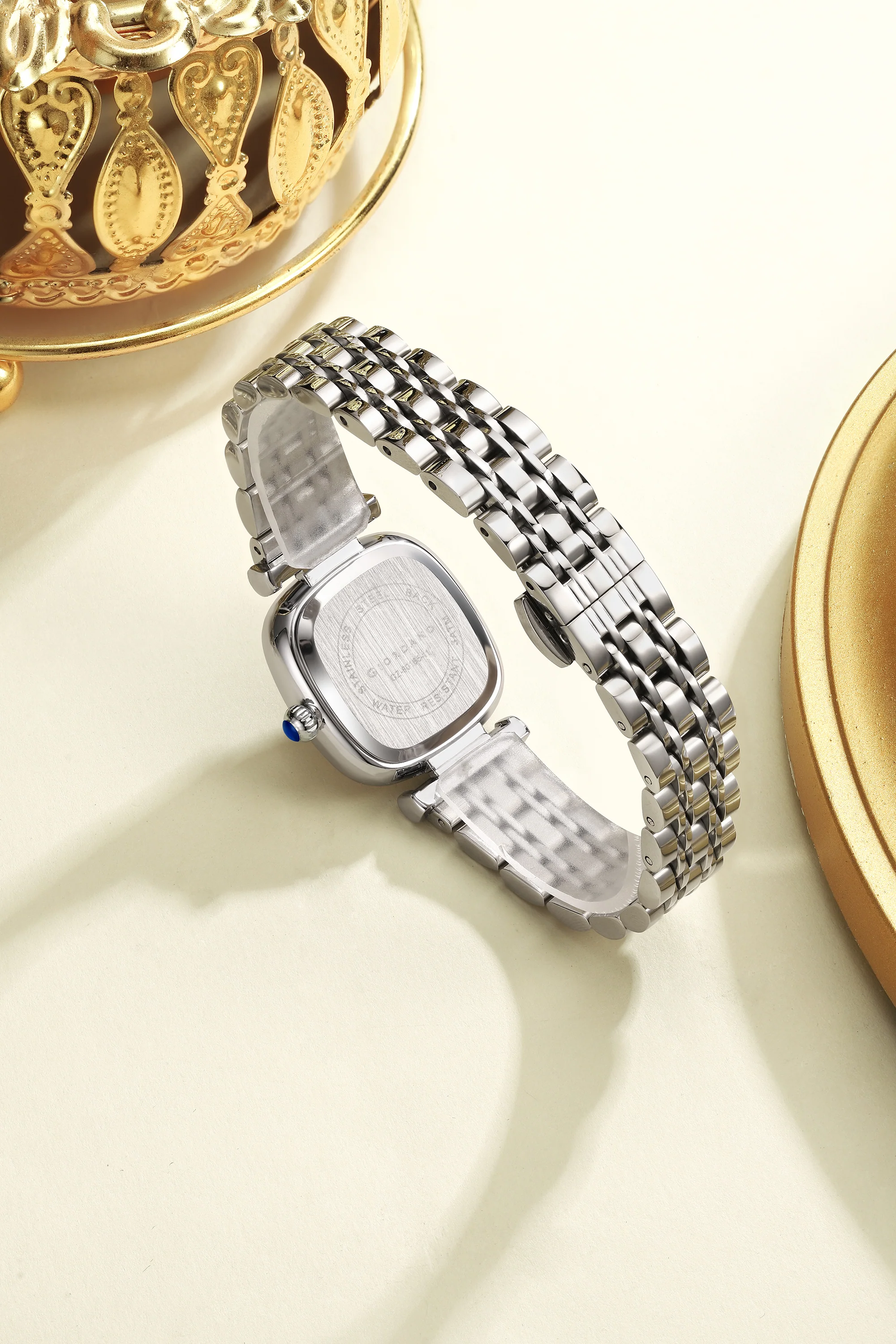 Giordano Analog Quartz Watch for Women with Textured Square Black Dial, Crystal Studded Bezel, Blue Crown, Silver Stainless Steel Strap - GZ-60165-11 - Image 4