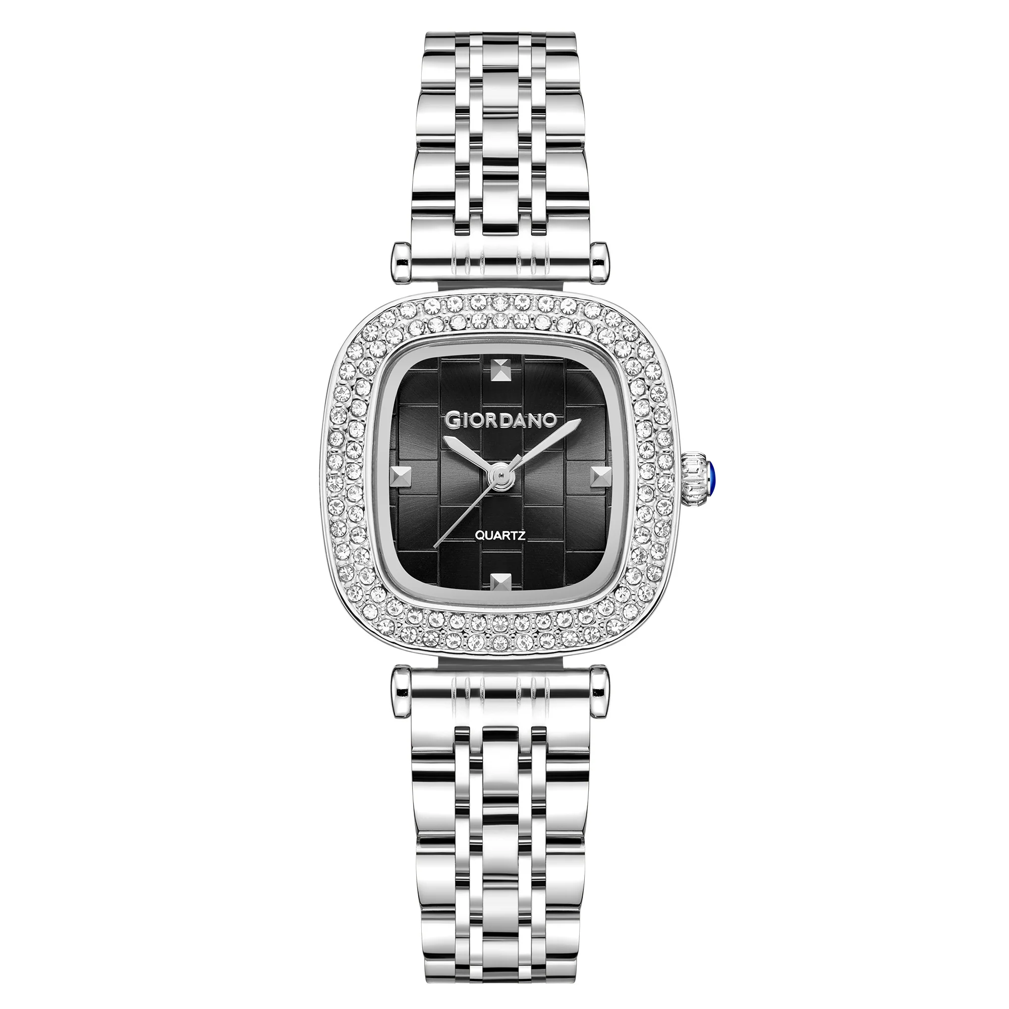 Giordano Analog Quartz Watch for Women with Textured Square Black Dial, Crystal Studded Bezel, Blue Crown, Silver Stainless Steel Strap - GZ-60165-11 - Image 5