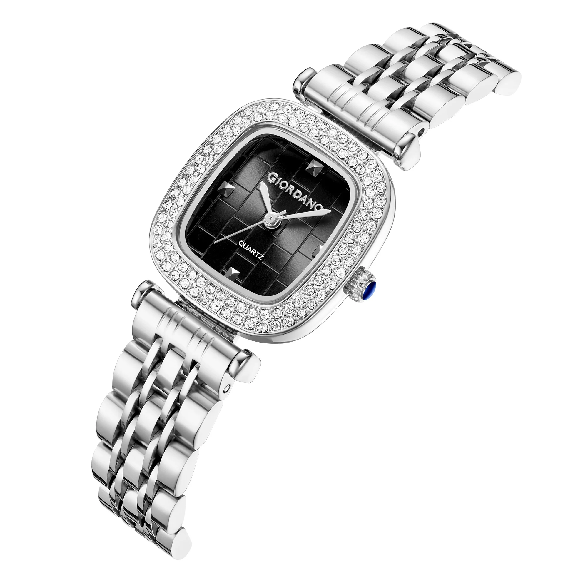 Giordano Analog Quartz Watch for Women with Textured Square Black Dial, Crystal Studded Bezel, Blue Crown, Silver Stainless Steel Strap - GZ-60165-11 - Image 6