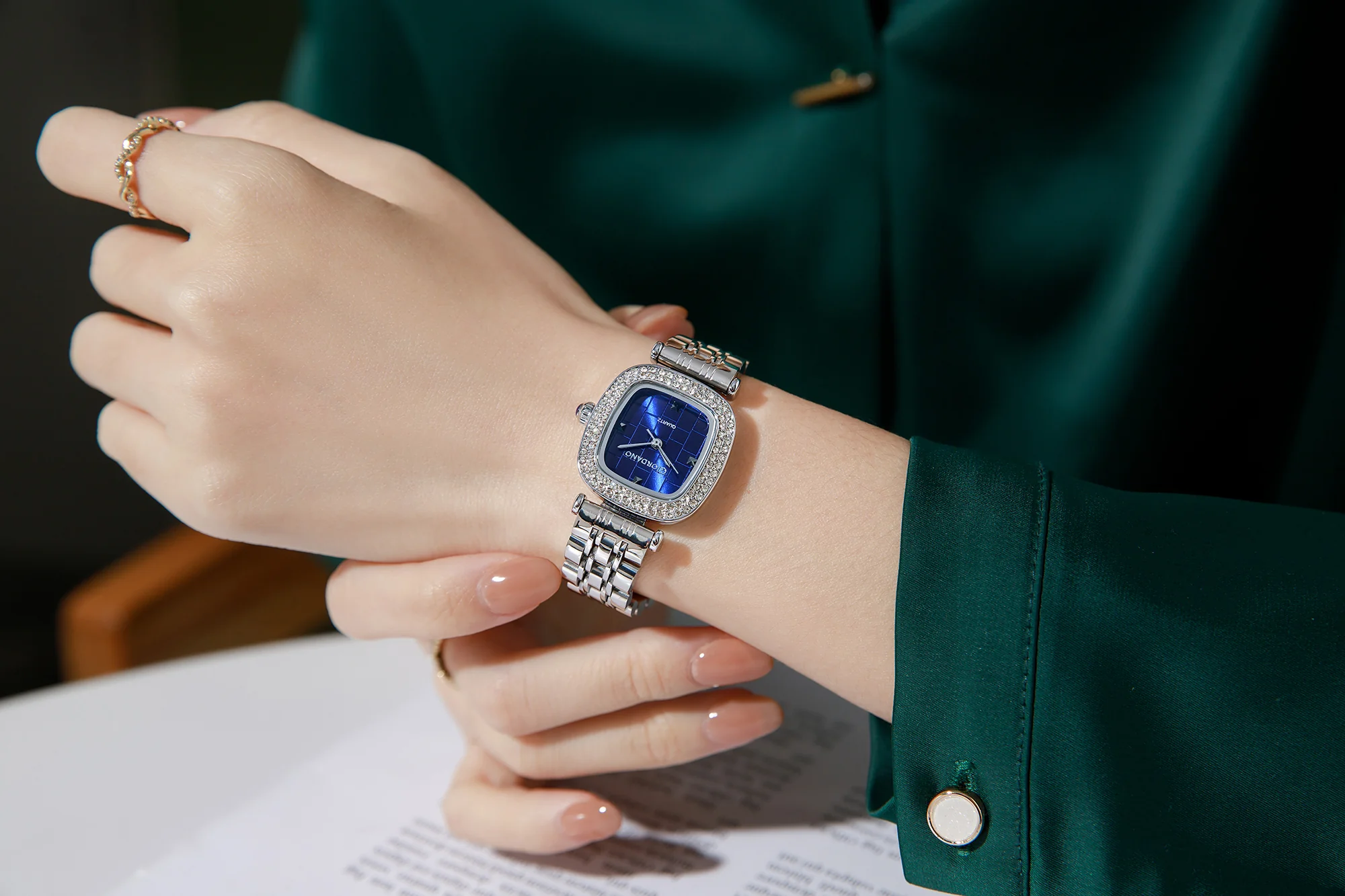 Giordano Analog Quartz Watch for Women with Textured Square Blue Dial, Crystal Studded Bezel, Blue Crown, Silver Stainless Steel Strap - GZ-60165-44 - Image 2
