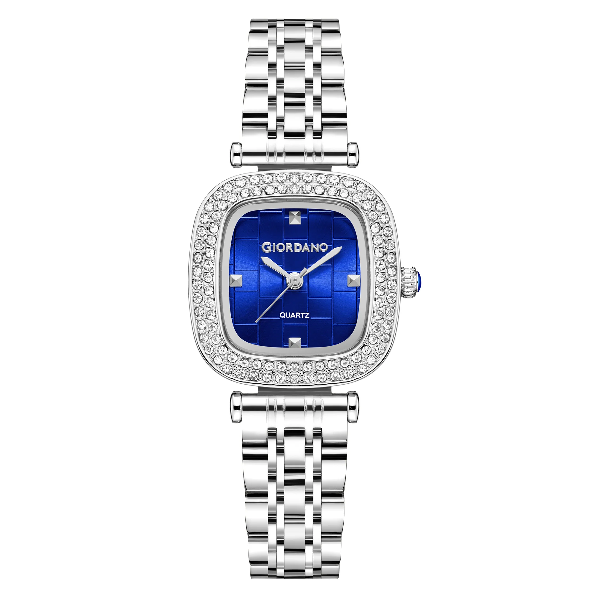 Giordano Analog Quartz Watch for Women with Textured Square Blue Dial, Crystal Studded Bezel, Blue Crown, Silver Stainless Steel Strap - GZ-60165-44 - Image 4