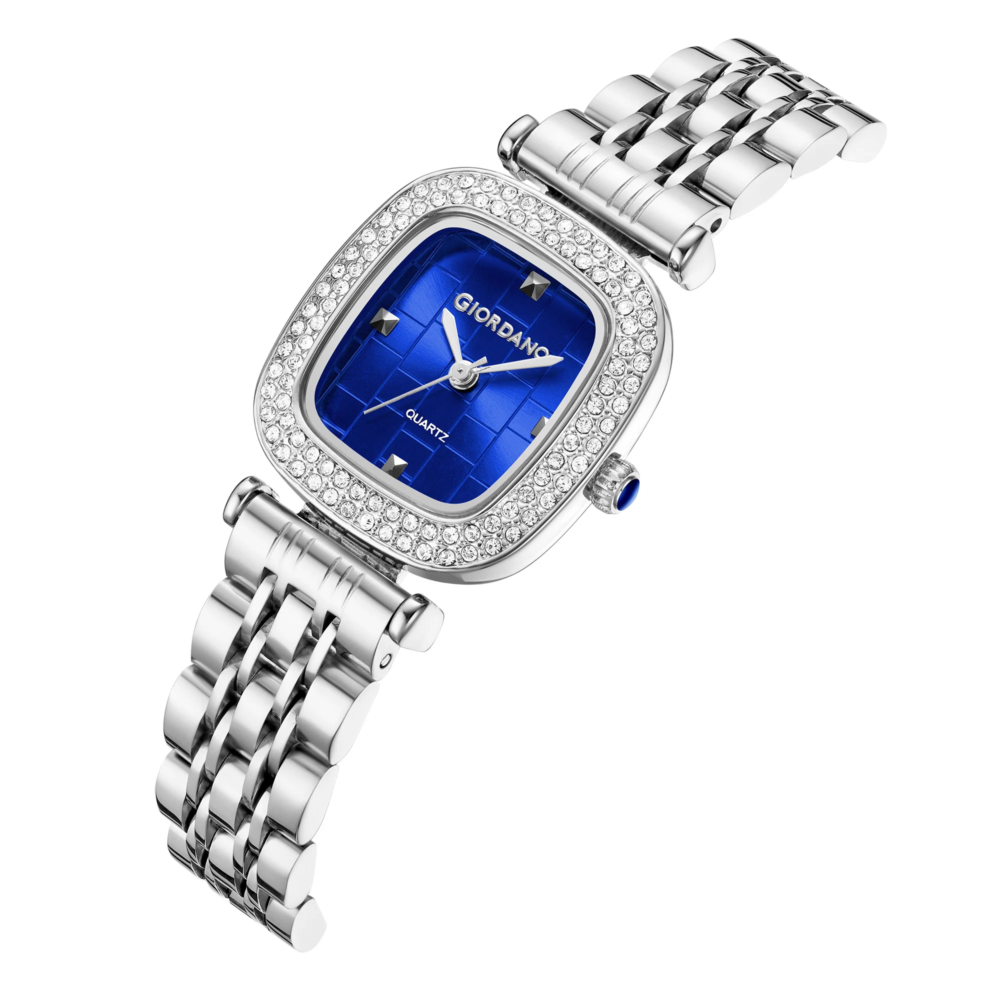Giordano Analog Quartz Watch for Women with Textured Square Blue Dial, Crystal Studded Bezel, Blue Crown, Silver Stainless Steel Strap - GZ-60165-44 - Image 5