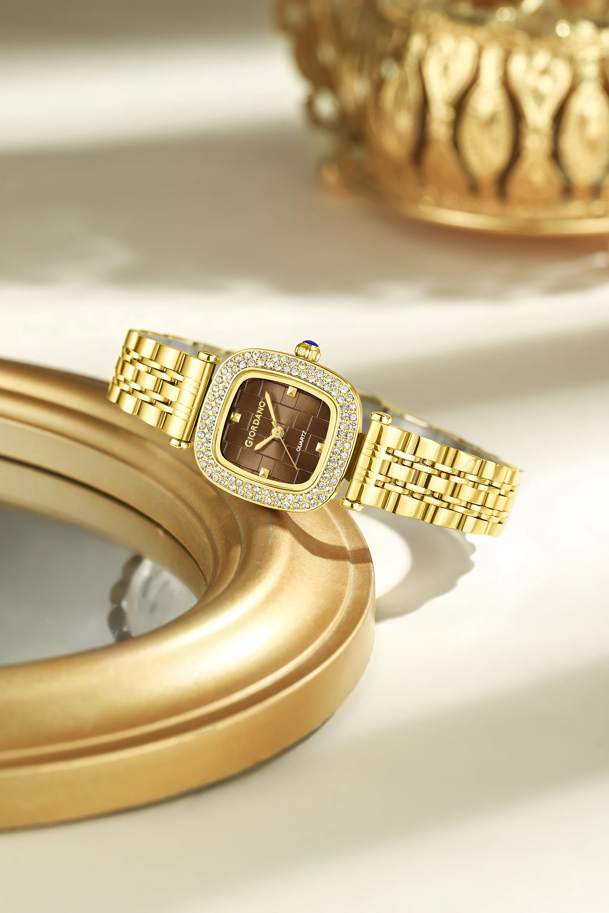 Giordano Analog Quartz Watch for Women with Textured Square Brown Dial, Crystal Studded Bezel, Blue Crown, Gold Stainless Steel Strap - GZ-60165-66 - Image 3