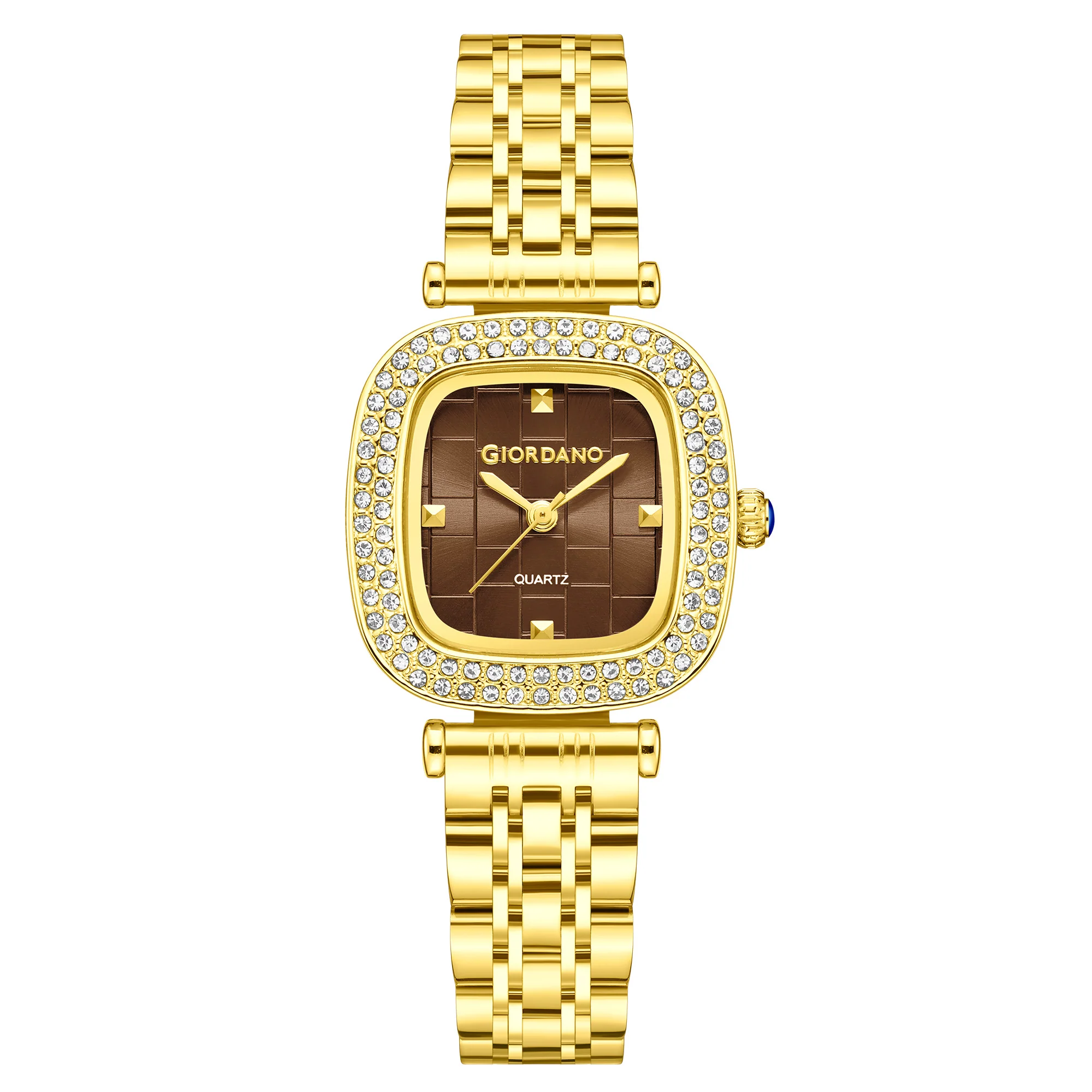 Giordano Analog Quartz Watch for Women with Textured Square Brown Dial, Crystal Studded Bezel, Blue Crown, Gold Stainless Steel Strap - GZ-60165-66 - Image 4