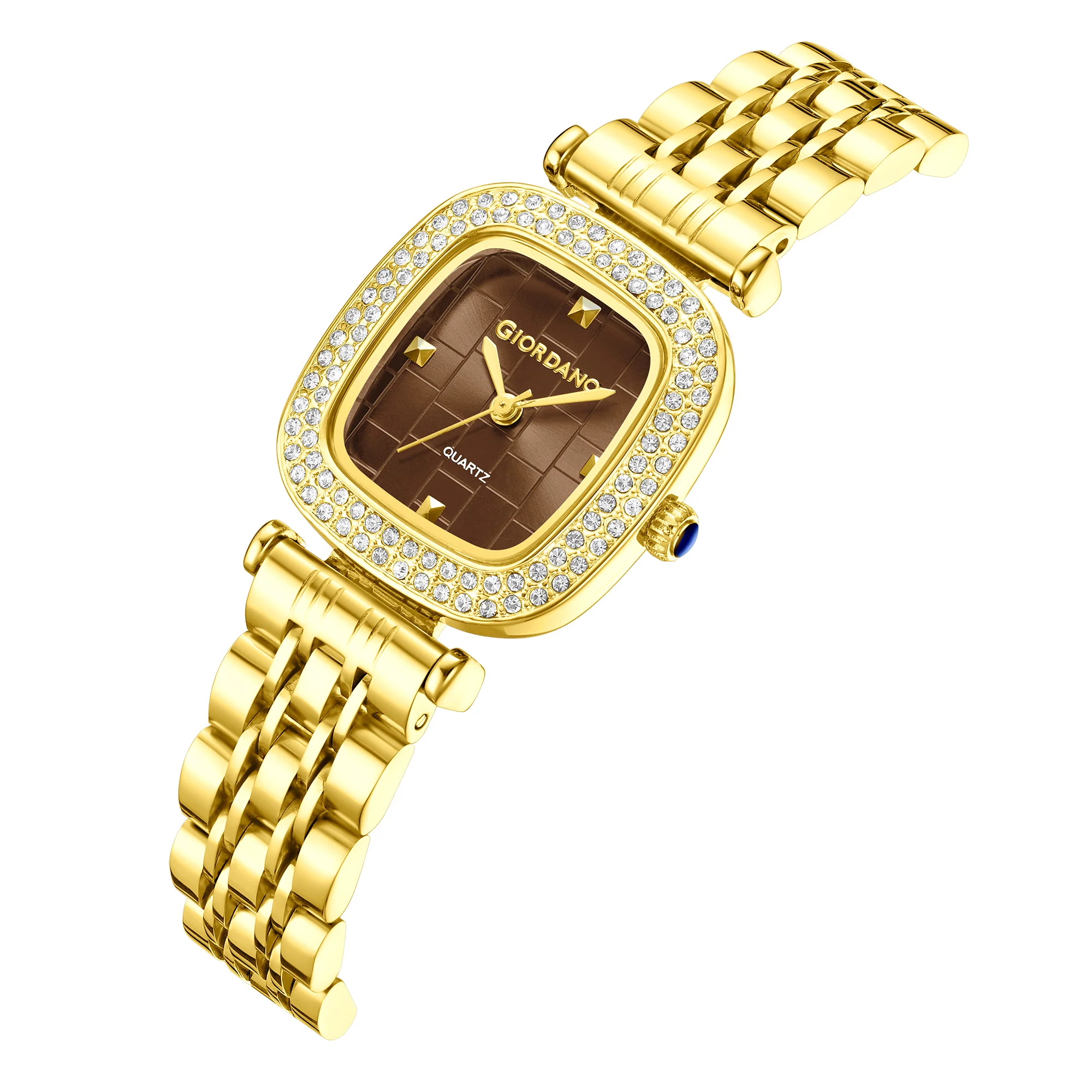 Giordano Analog Quartz Watch for Women with Textured Square Brown Dial, Crystal Studded Bezel, Blue Crown, Gold Stainless Steel Strap - GZ-60165-66 - Image 5