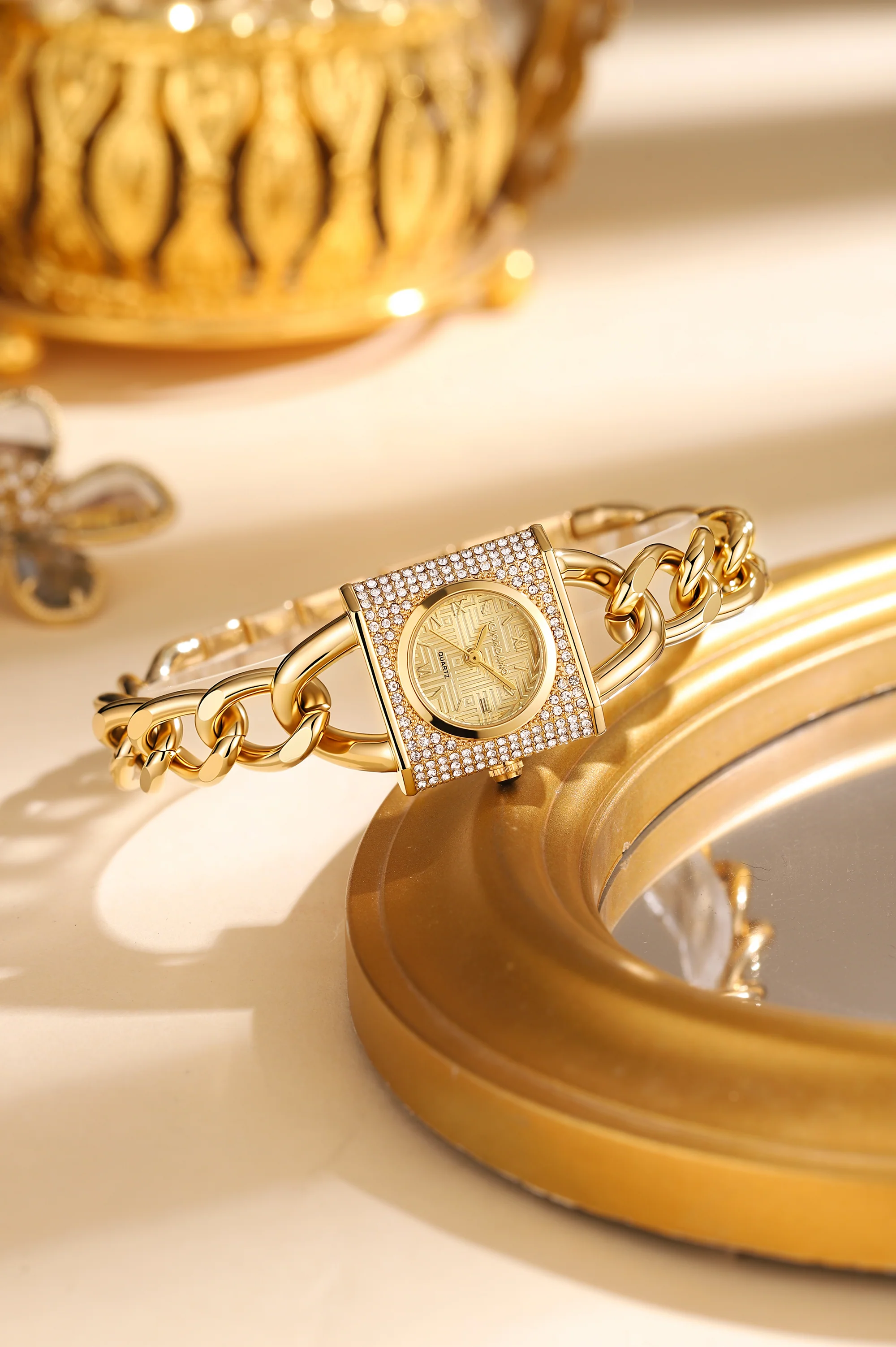 Giordano Analog Quartz Watch for Women with Textured Square Gold Dial, Crystal Studded Bezel, Blue Crown, Gold Stainless Steel Strap - GZ-60160-55 - Image 3