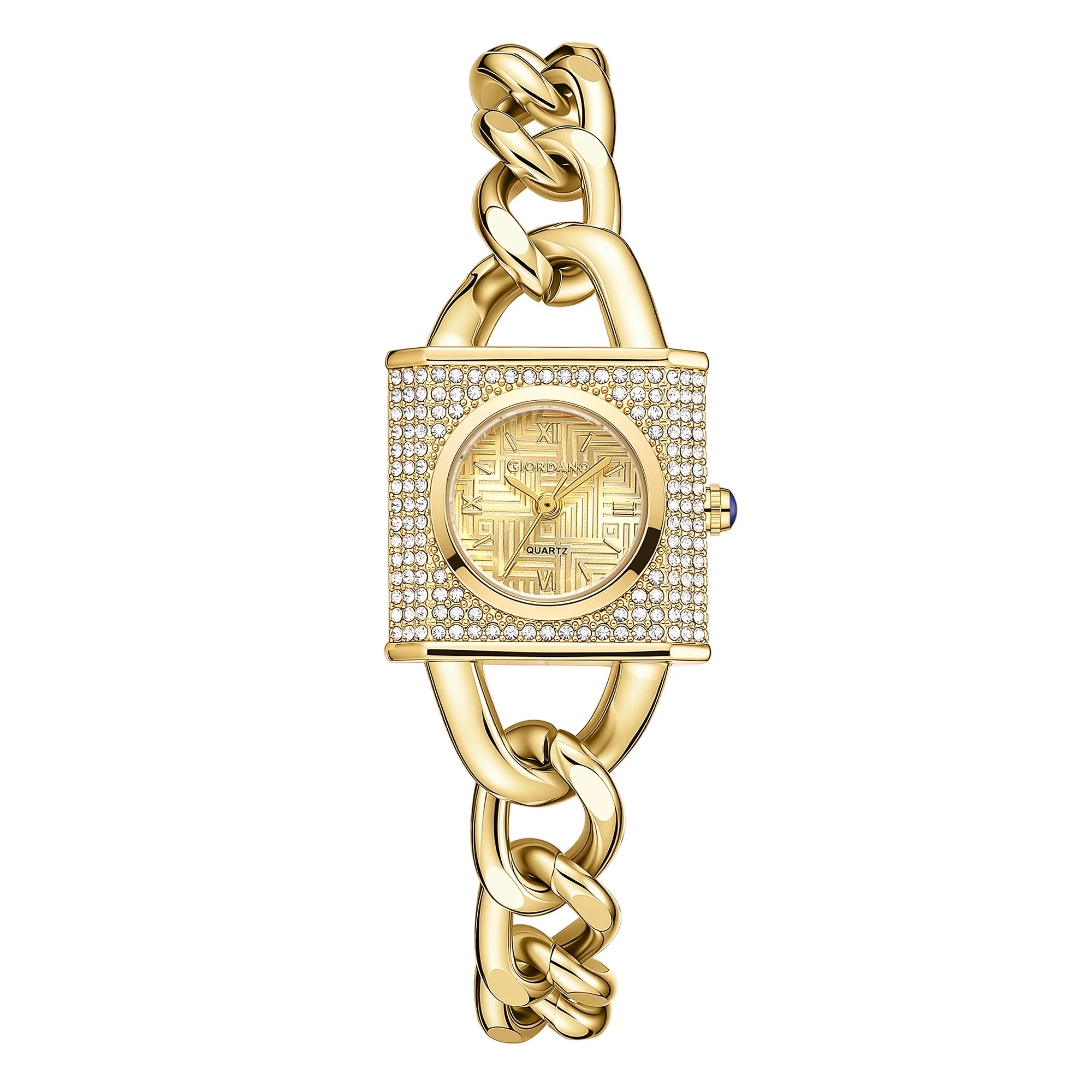 Giordano Analog Quartz Watch for Women with Textured Square Gold Dial, Crystal Studded Bezel, Blue Crown, Gold Stainless Steel Strap - GZ-60160-55 - Image 5