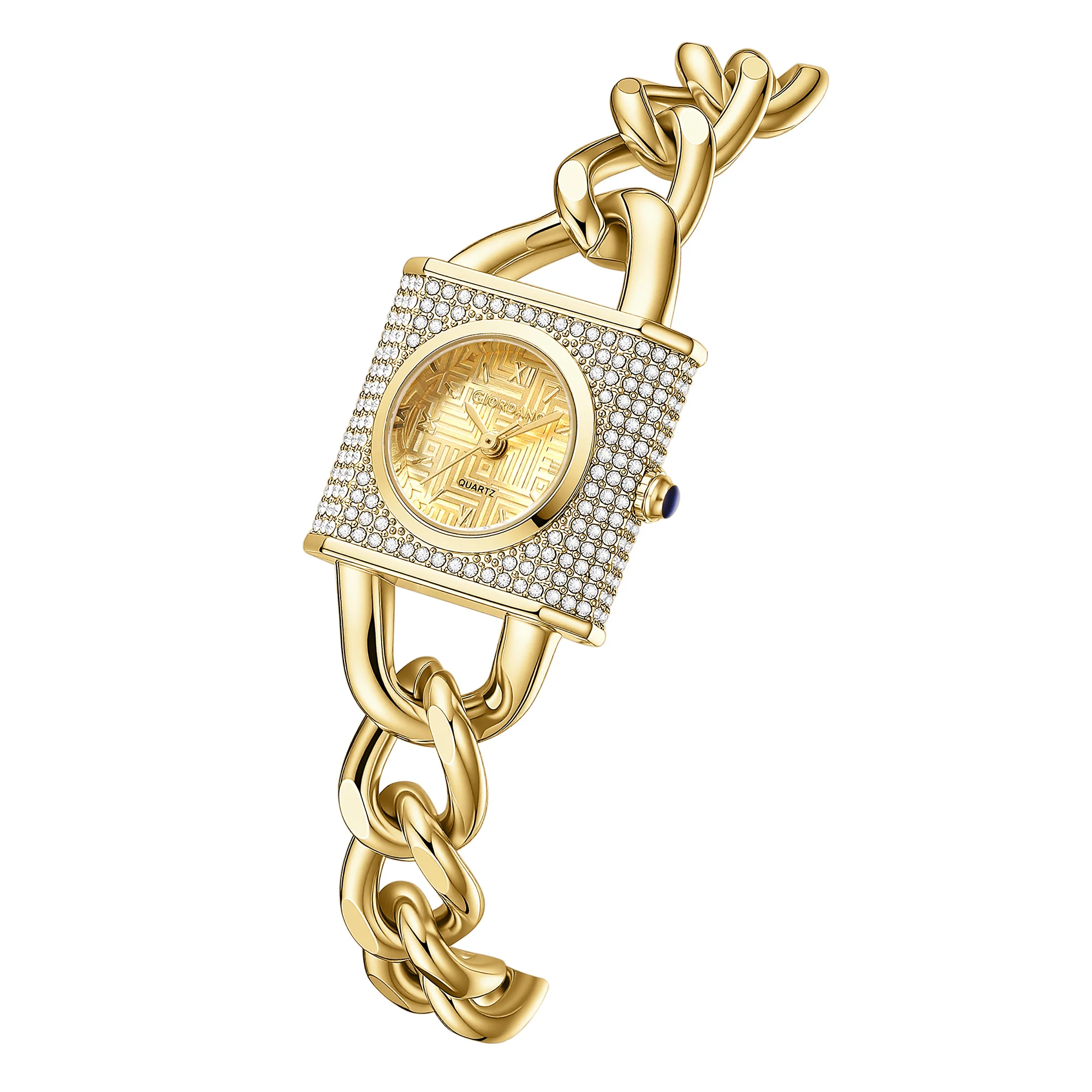 Giordano Analog Quartz Watch for Women with Textured Square Gold Dial, Crystal Studded Bezel, Blue Crown, Gold Stainless Steel Strap - GZ-60160-55 - Image 6