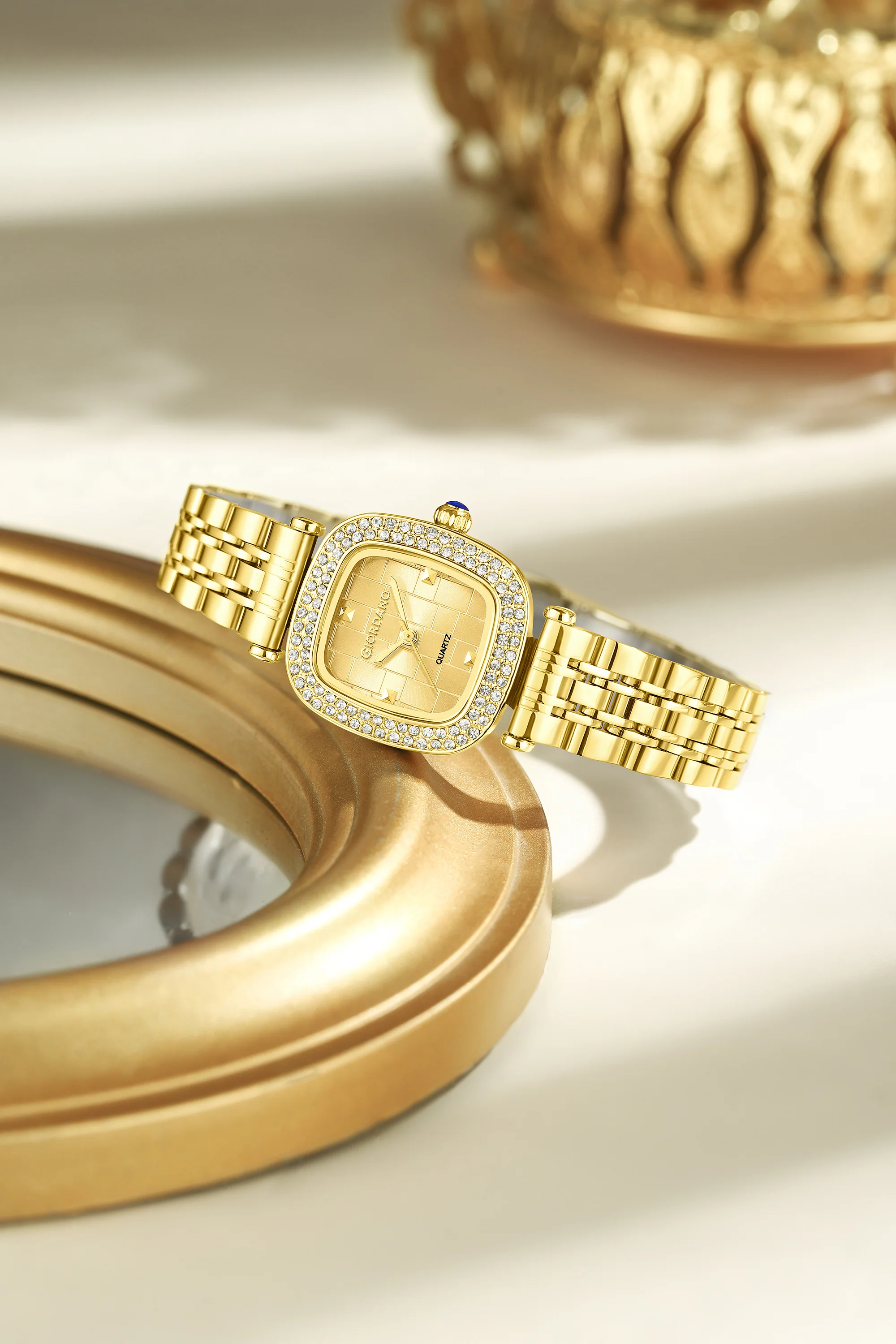 Giordano Analog Quartz Watch for Women with Textured Square Gold Dial, Crystal Studded Bezel, Blue Crown, Gold Stainless Steel Strap - GZ-60165-77 - Image 3