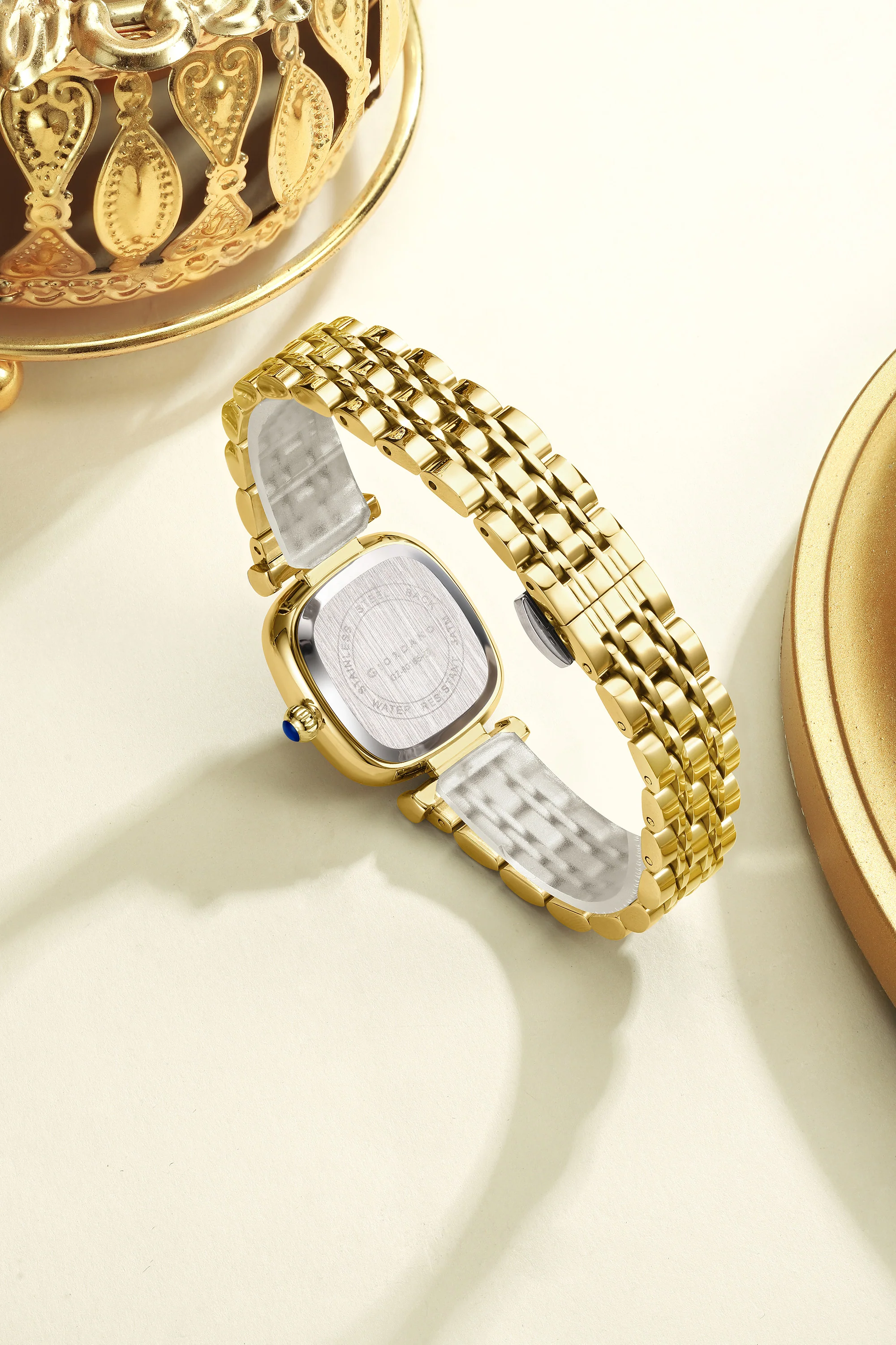 Giordano Analog Quartz Watch for Women with Textured Square Gold Dial, Crystal Studded Bezel, Blue Crown, Gold Stainless Steel Strap - GZ-60165-77 - Image 4