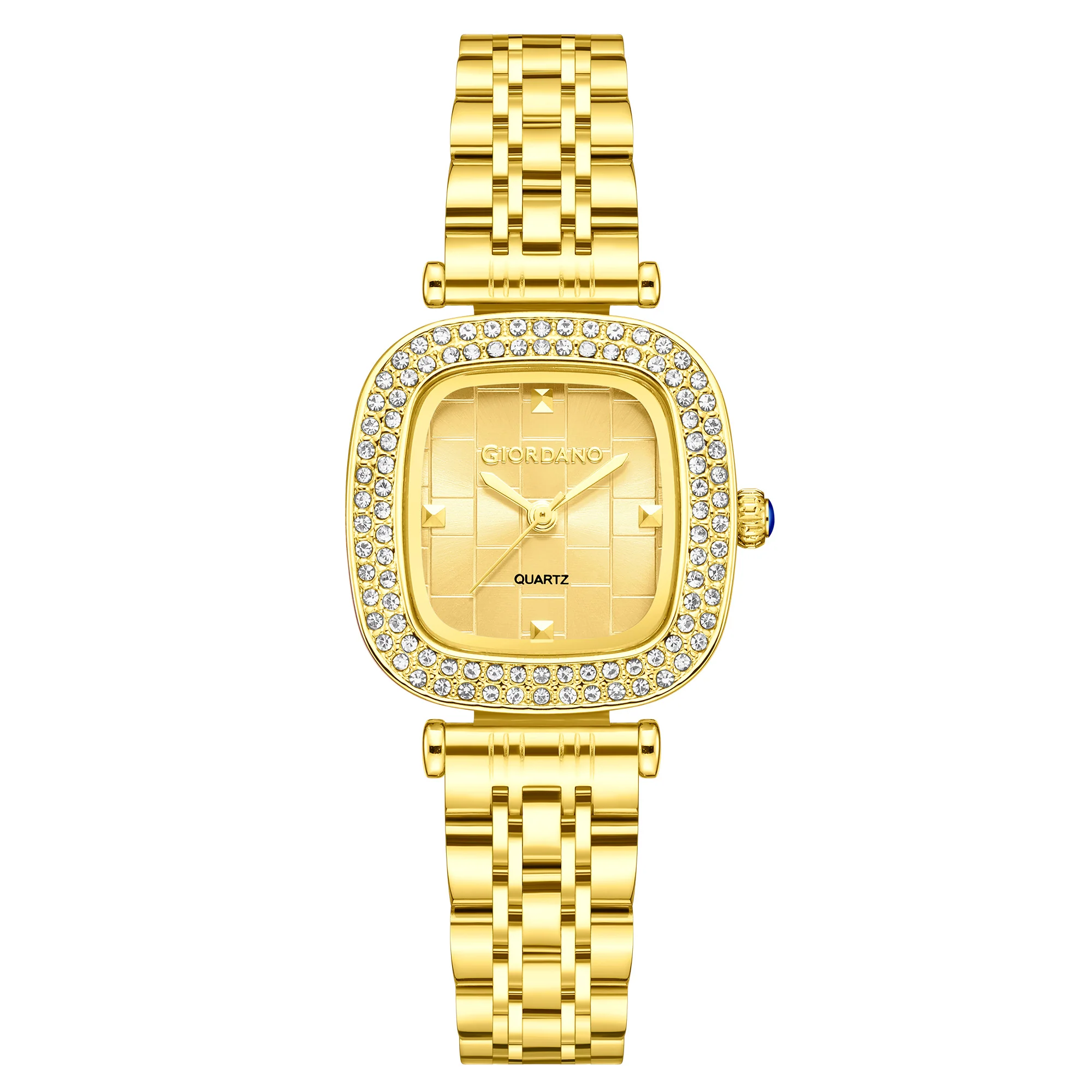 Giordano Analog Quartz Watch for Women with Textured Square Gold Dial, Crystal Studded Bezel, Blue Crown, Gold Stainless Steel Strap - GZ-60165-77 - Image 5