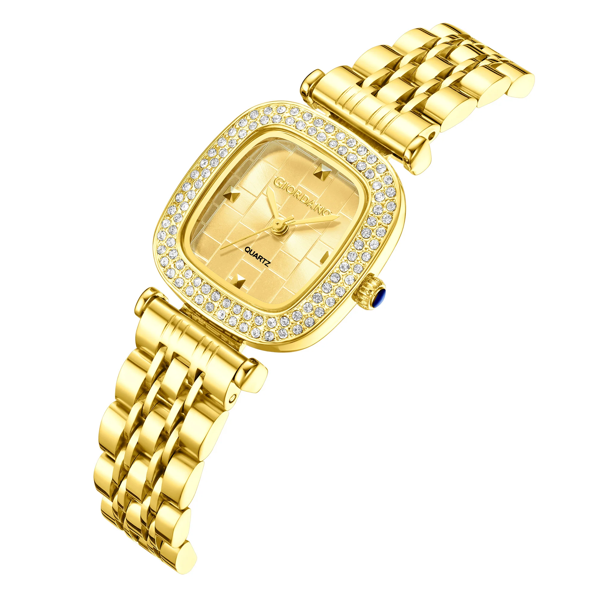 Giordano Analog Quartz Watch for Women with Textured Square Gold Dial, Crystal Studded Bezel, Blue Crown, Gold Stainless Steel Strap - GZ-60165-77 - Image 6
