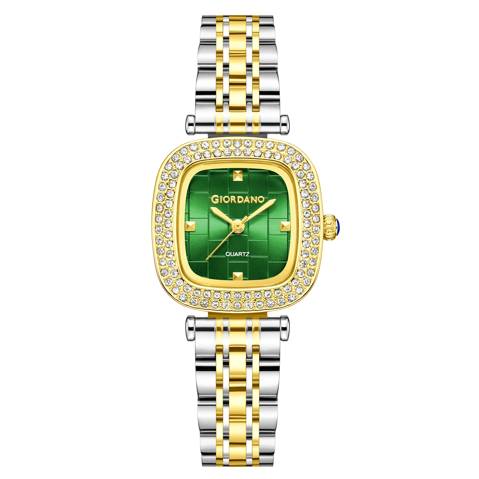 Giordano Analog Quartz Watch for Women with Textured Square Green Dial, Crystal Studded Bezel, Blue Crown, Silver and Gold Stainless Steel Strap - GZ-60165-33 - Image 5