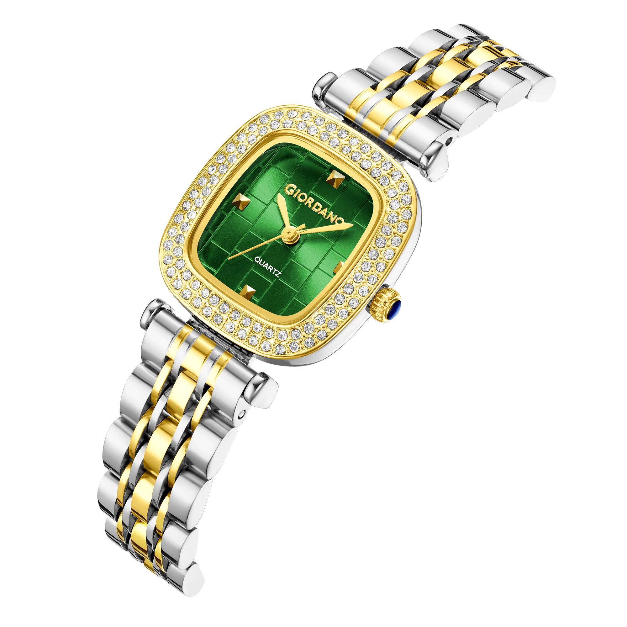 Giordano Analog Quartz Watch for Women with Textured Square Green Dial, Crystal Studded Bezel, Blue Crown, Silver and Gold Stainless Steel Strap - GZ-60165-33 - Image 6