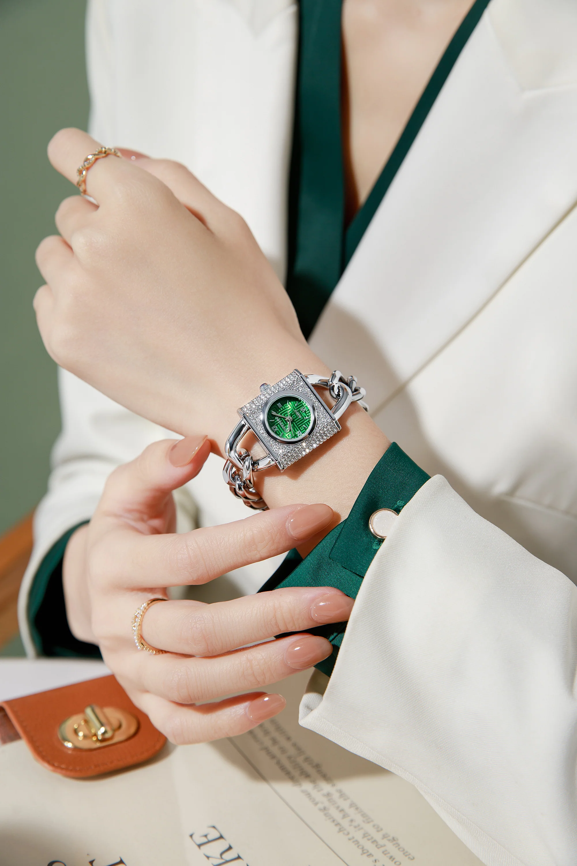 Giordano Analog Quartz Watch for Women with Textured Square Green Dial, Crystal Studded Bezel, Blue Crown, Silver Stainless Steel Strap - GZ-60160-33 - Image 2