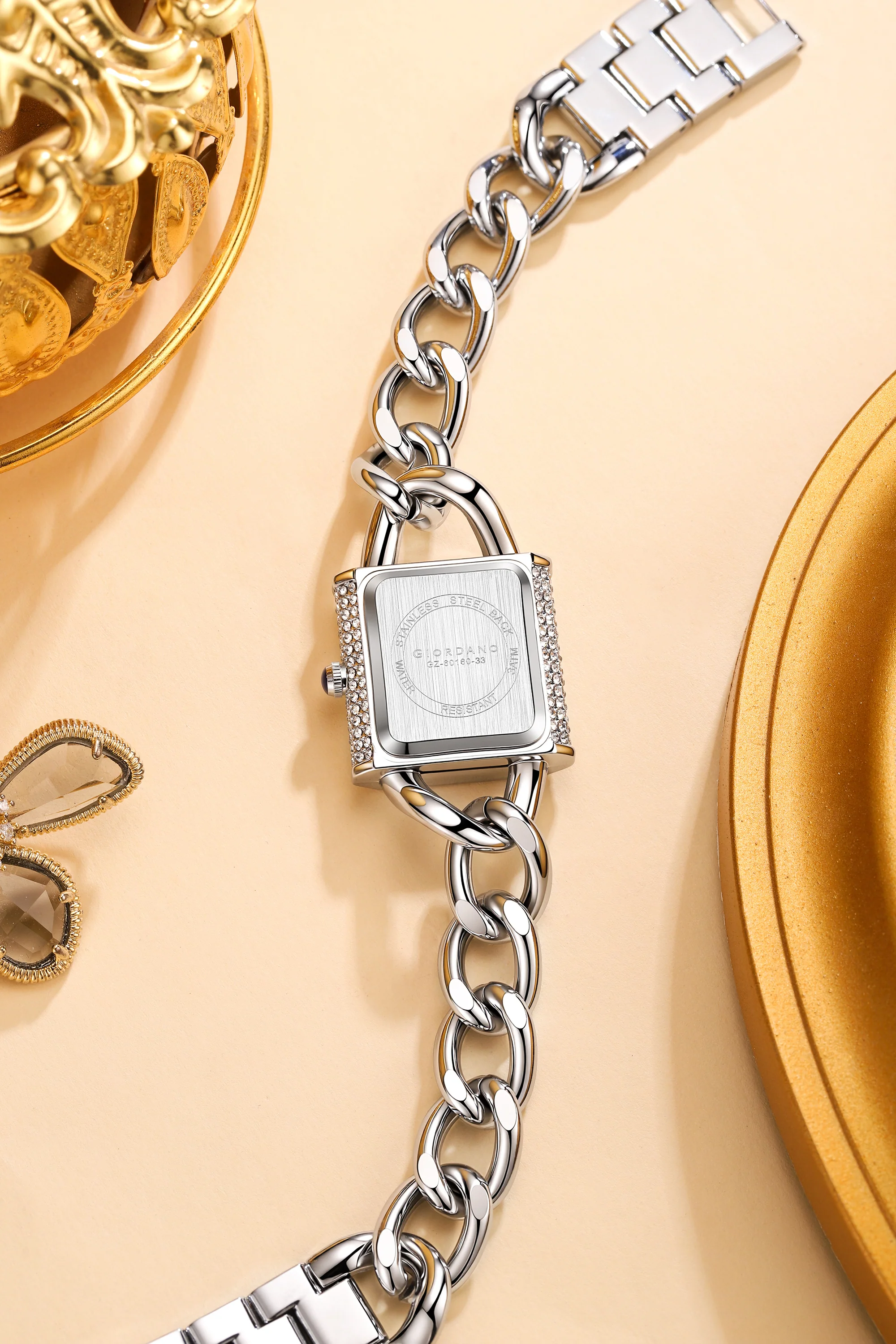 Giordano Analog Quartz Watch for Women with Textured Square Green Dial, Crystal Studded Bezel, Blue Crown, Silver Stainless Steel Strap - GZ-60160-33 - Image 4