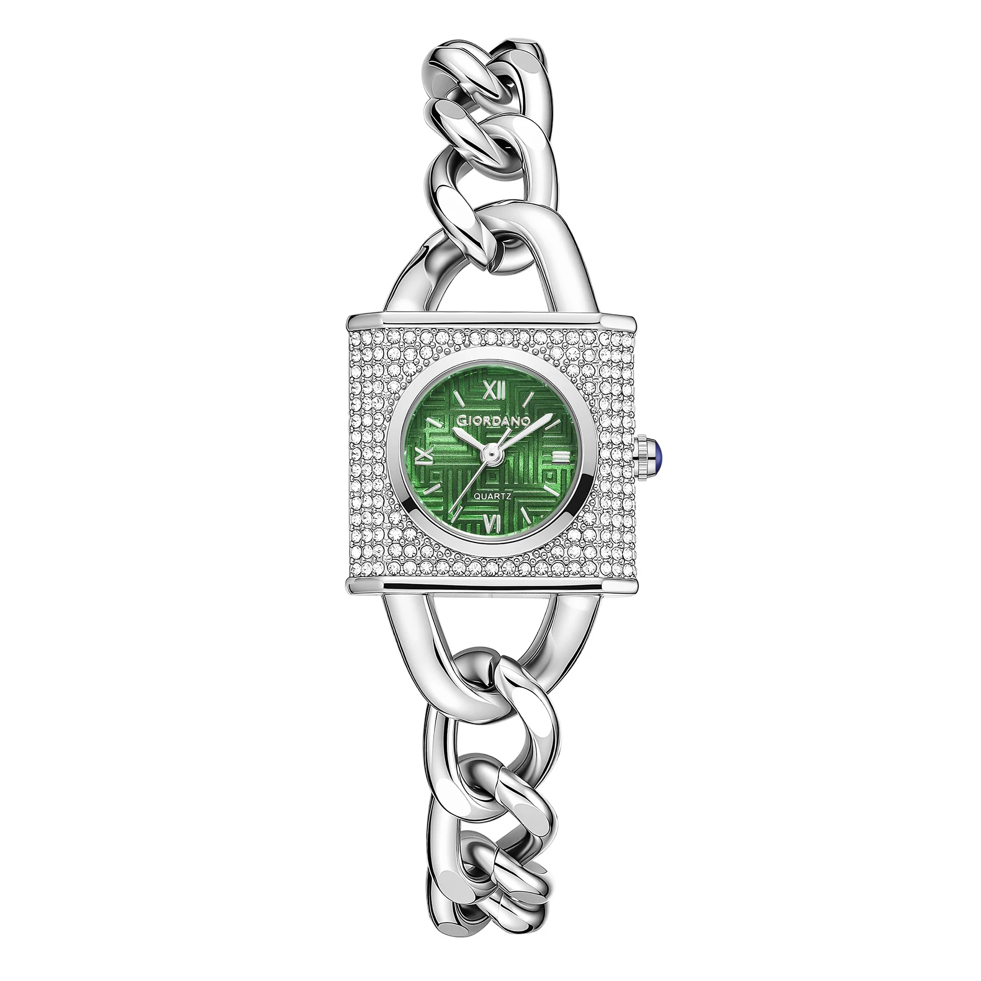 Giordano Analog Quartz Watch for Women with Textured Square Green Dial, Crystal Studded Bezel, Blue Crown, Silver Stainless Steel Strap - GZ-60160-33 - Image 5
