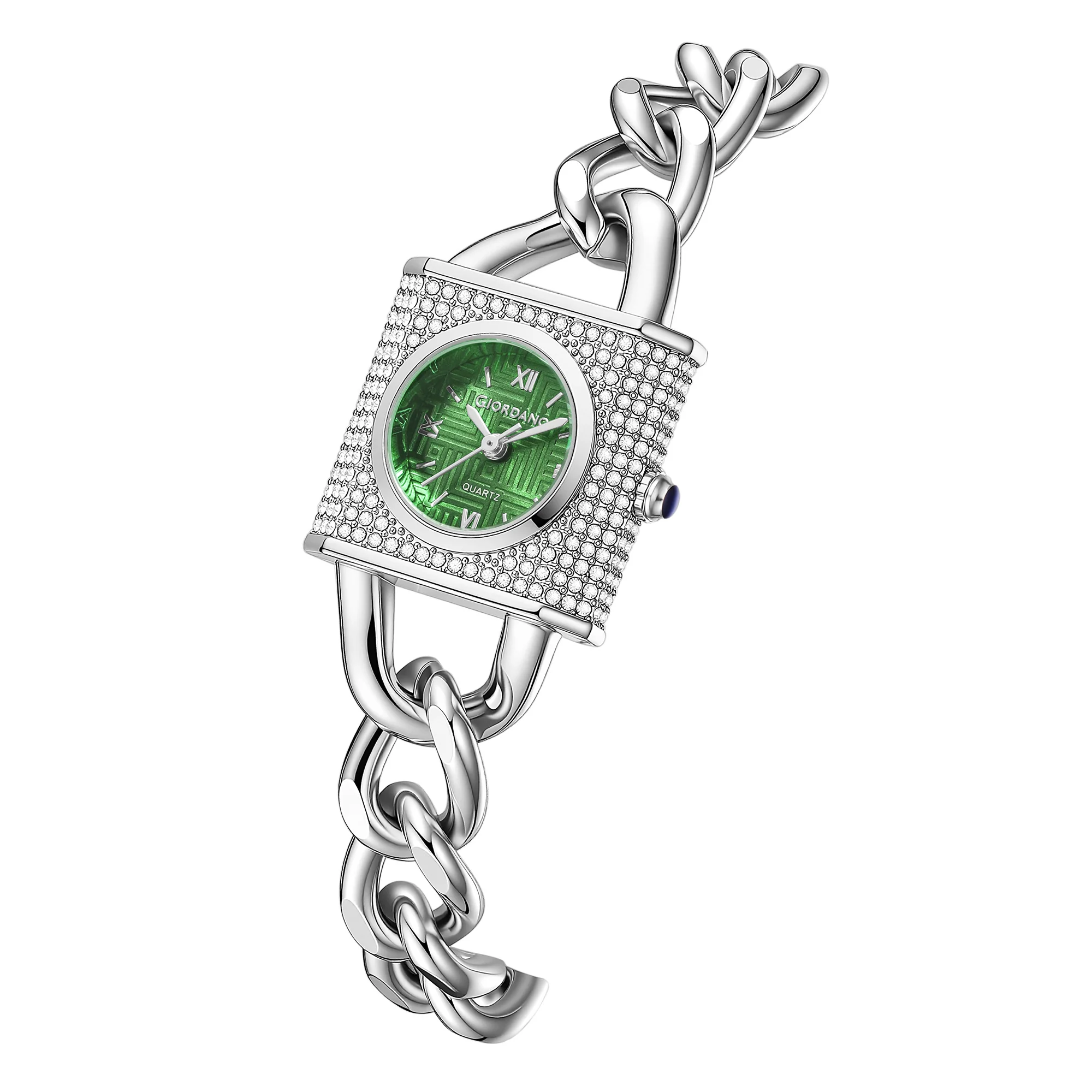 Giordano Analog Quartz Watch for Women with Textured Square Green Dial, Crystal Studded Bezel, Blue Crown, Silver Stainless Steel Strap - GZ-60160-33 - Image 6
