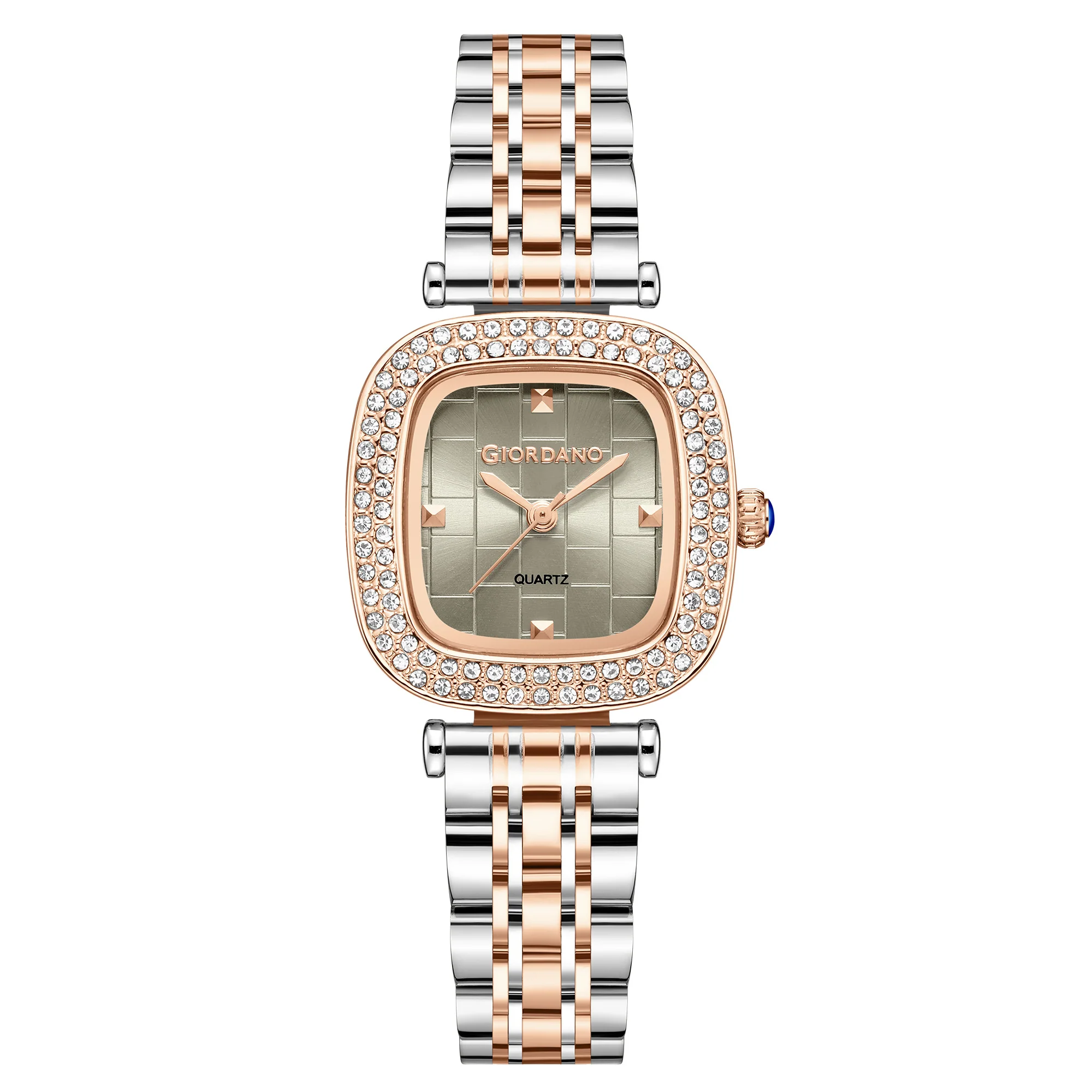 Giordano Analog Quartz Watch for Women with Textured Square Grey Dial, Crystal Studded Bezel, Blue Crown, Silver and Rose Gold Stainless Steel Strap - GZ-60165-88 - Image 4