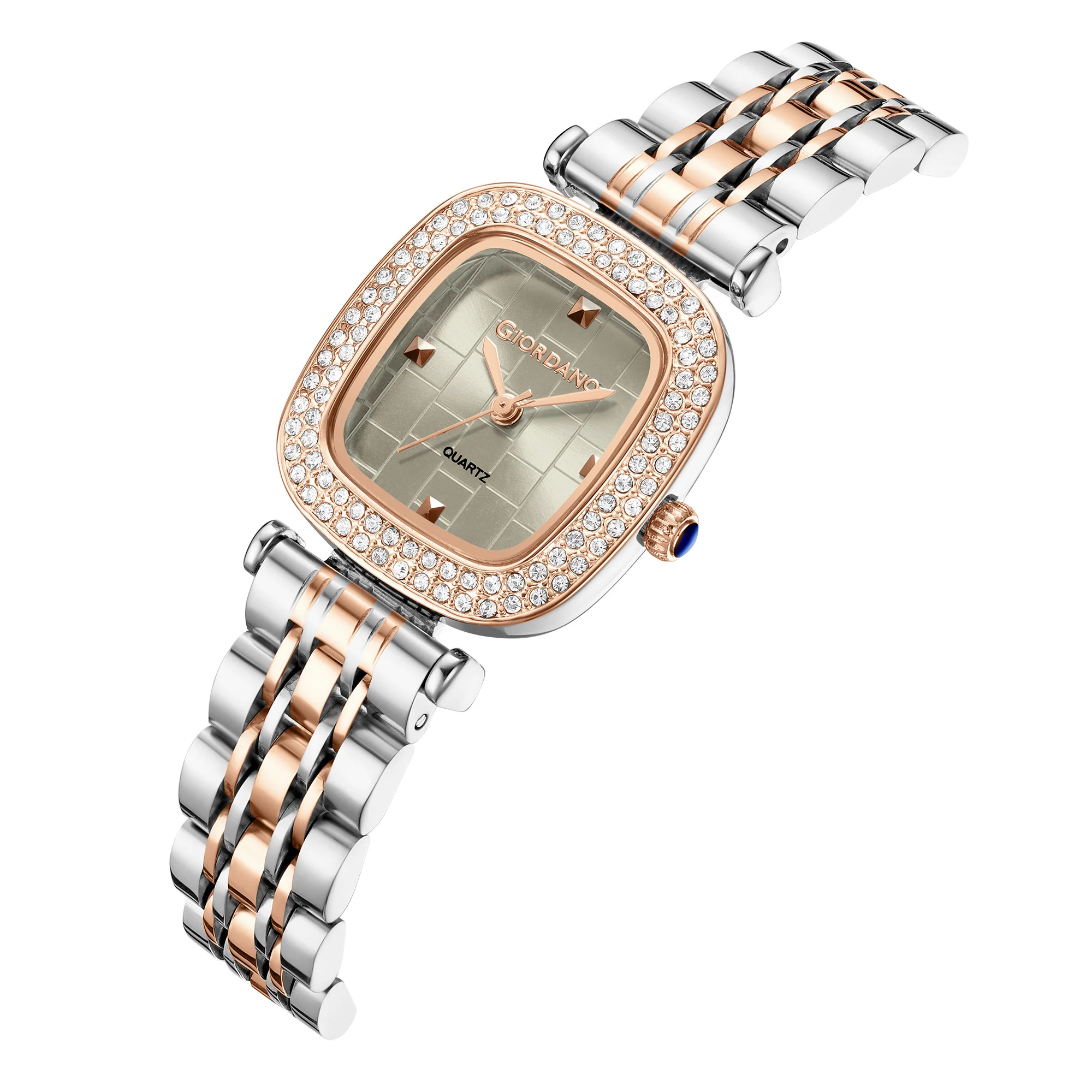 Giordano Analog Quartz Watch for Women with Textured Square Grey Dial, Crystal Studded Bezel, Blue Crown, Silver and Rose Gold Stainless Steel Strap - GZ-60165-88 - Image 5