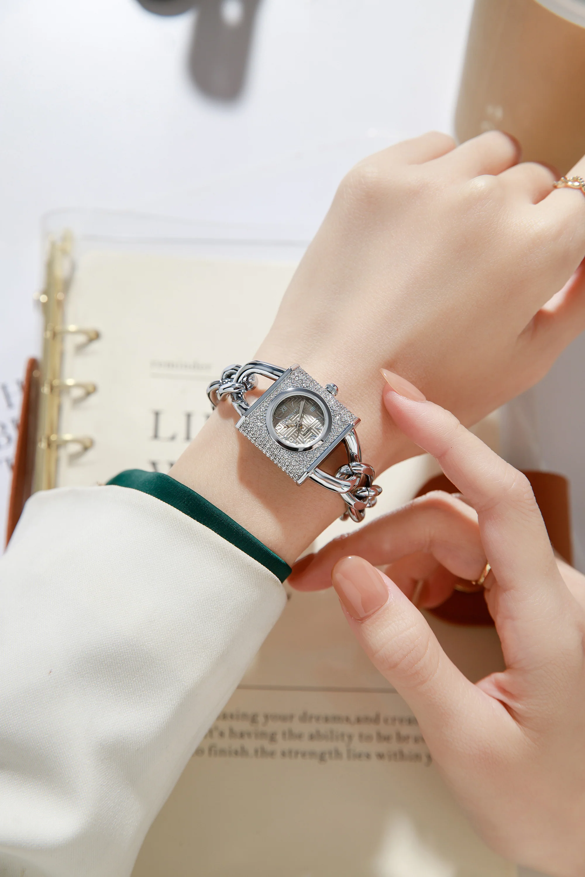 Giordano Analog Quartz Watch for Women with Textured Square Grey Dial, Crystal Studded Bezel, Blue Crown, Silver Stainless Steel Strap - GZ-60160-22 - Image 2