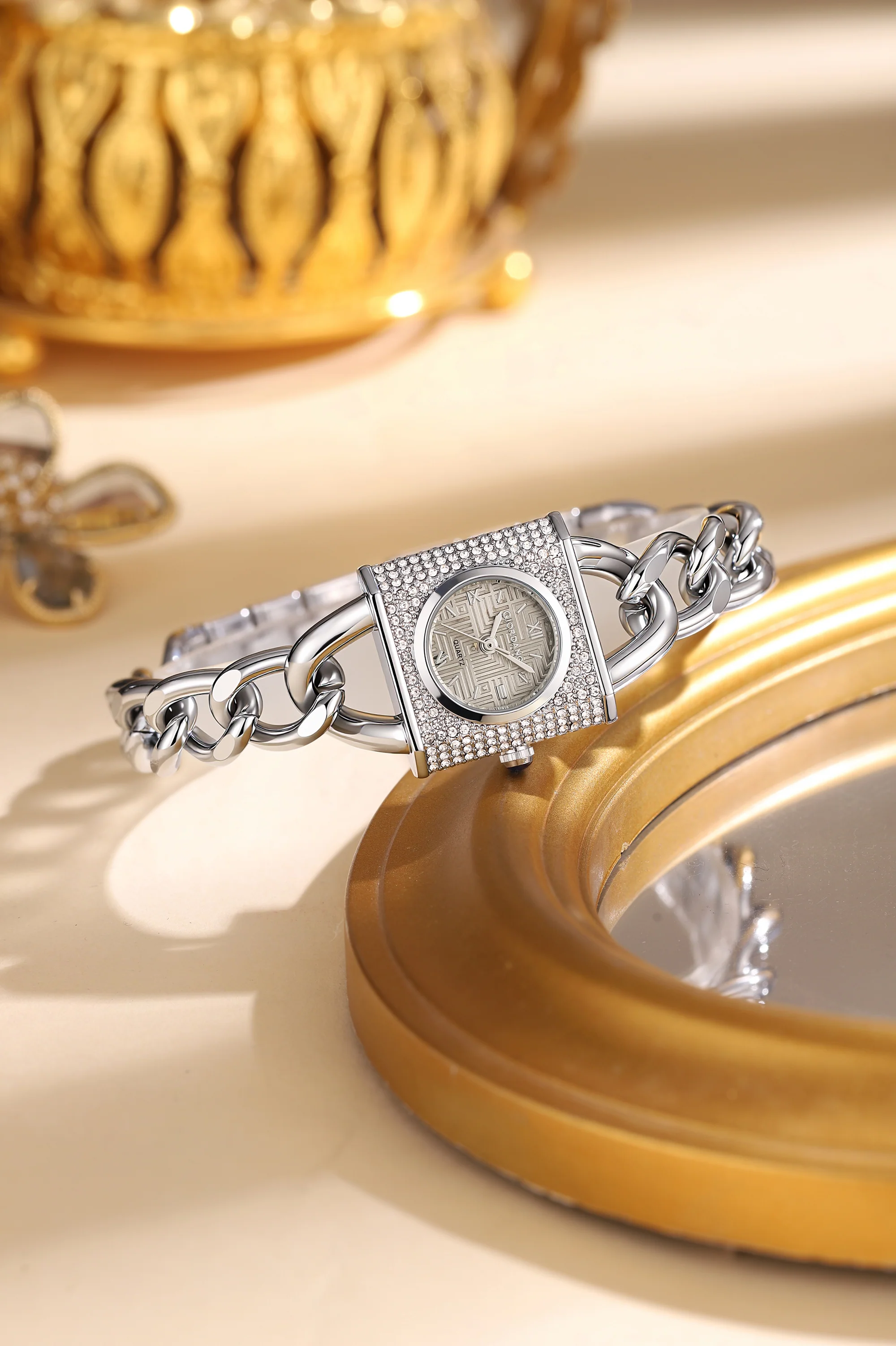 Giordano Analog Quartz Watch for Women with Textured Square Grey Dial, Crystal Studded Bezel, Blue Crown, Silver Stainless Steel Strap - GZ-60160-22 - Image 3