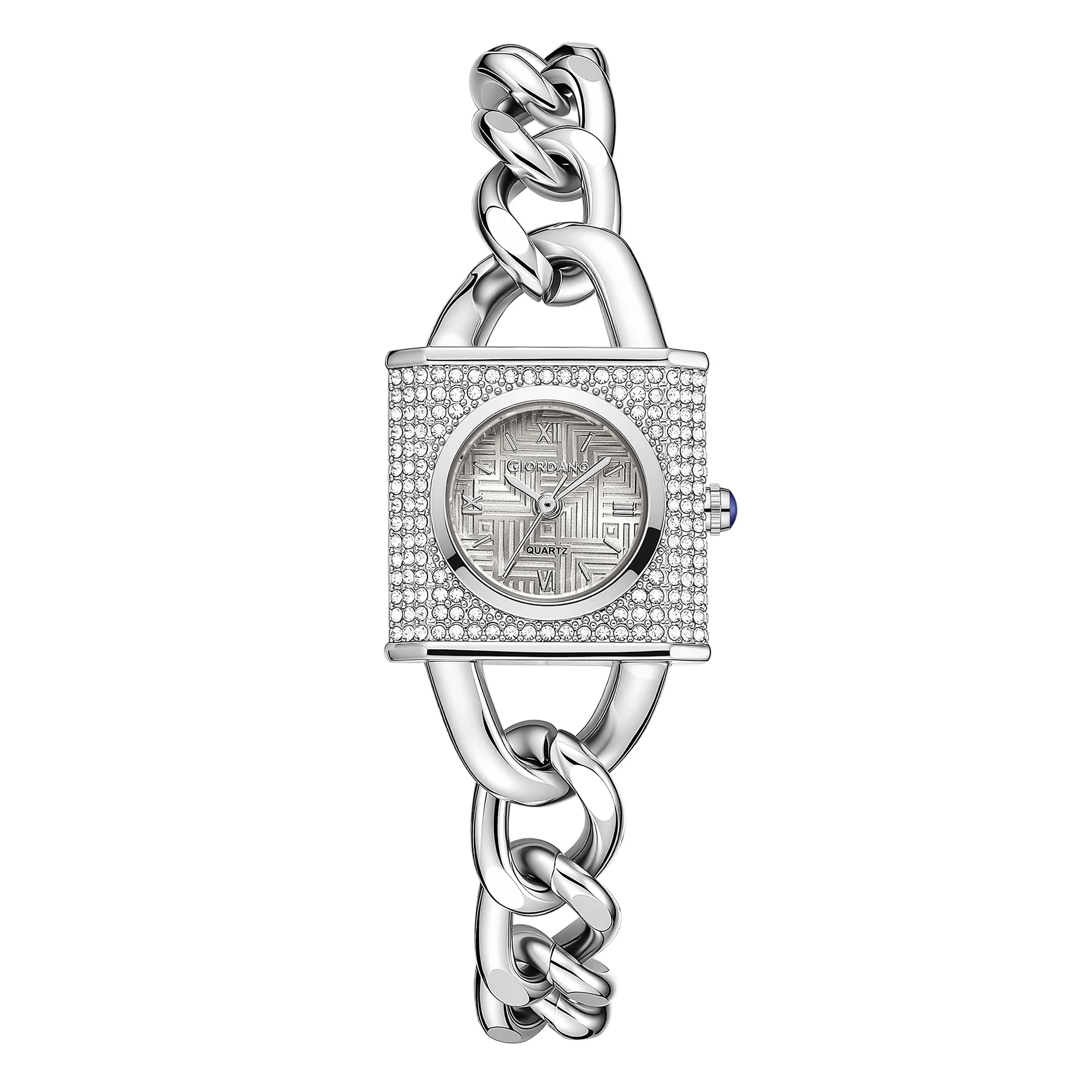 Giordano Analog Quartz Watch for Women with Textured Square Grey Dial, Crystal Studded Bezel, Blue Crown, Silver Stainless Steel Strap - GZ-60160-22 - Image 5