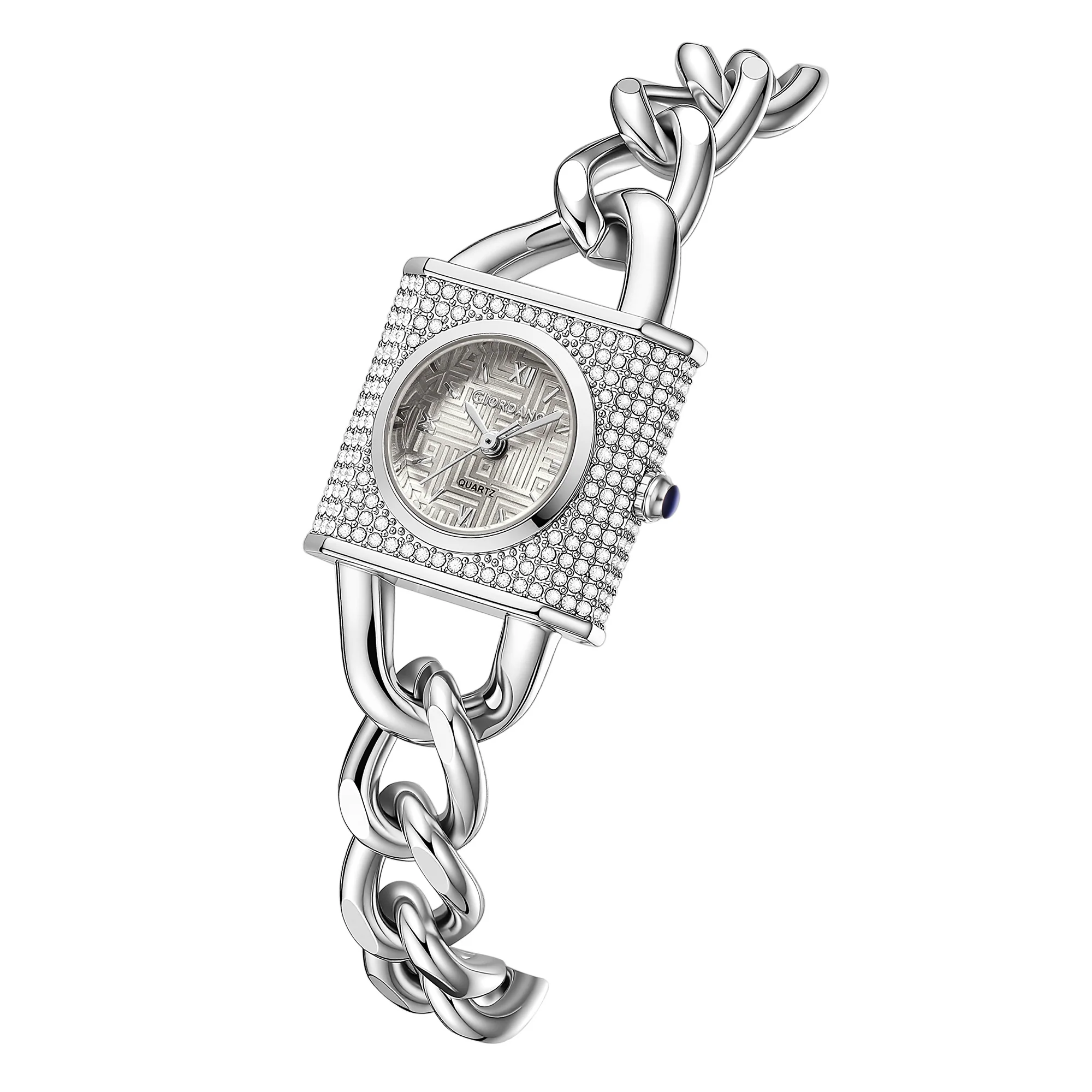 Giordano Analog Quartz Watch for Women with Textured Square Grey Dial, Crystal Studded Bezel, Blue Crown, Silver Stainless Steel Strap - GZ-60160-22 - Image 6