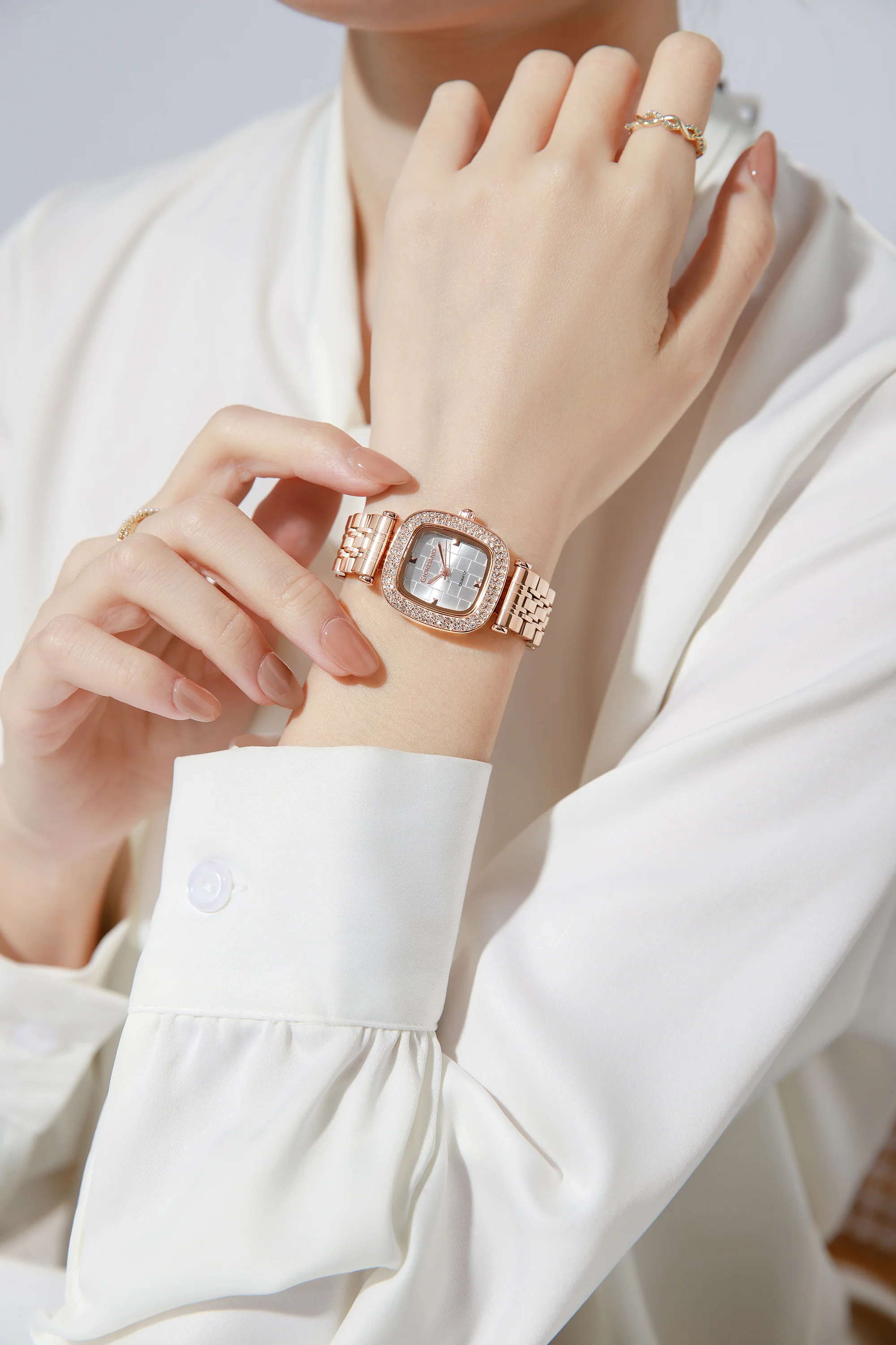 Giordano Analog Quartz Watch for Women with Textured Square White Dial, Crystal Studded Bezel, Blue Crown, Rose Gold Stainless Steel Strap - GZ-60165-99 - Image 2